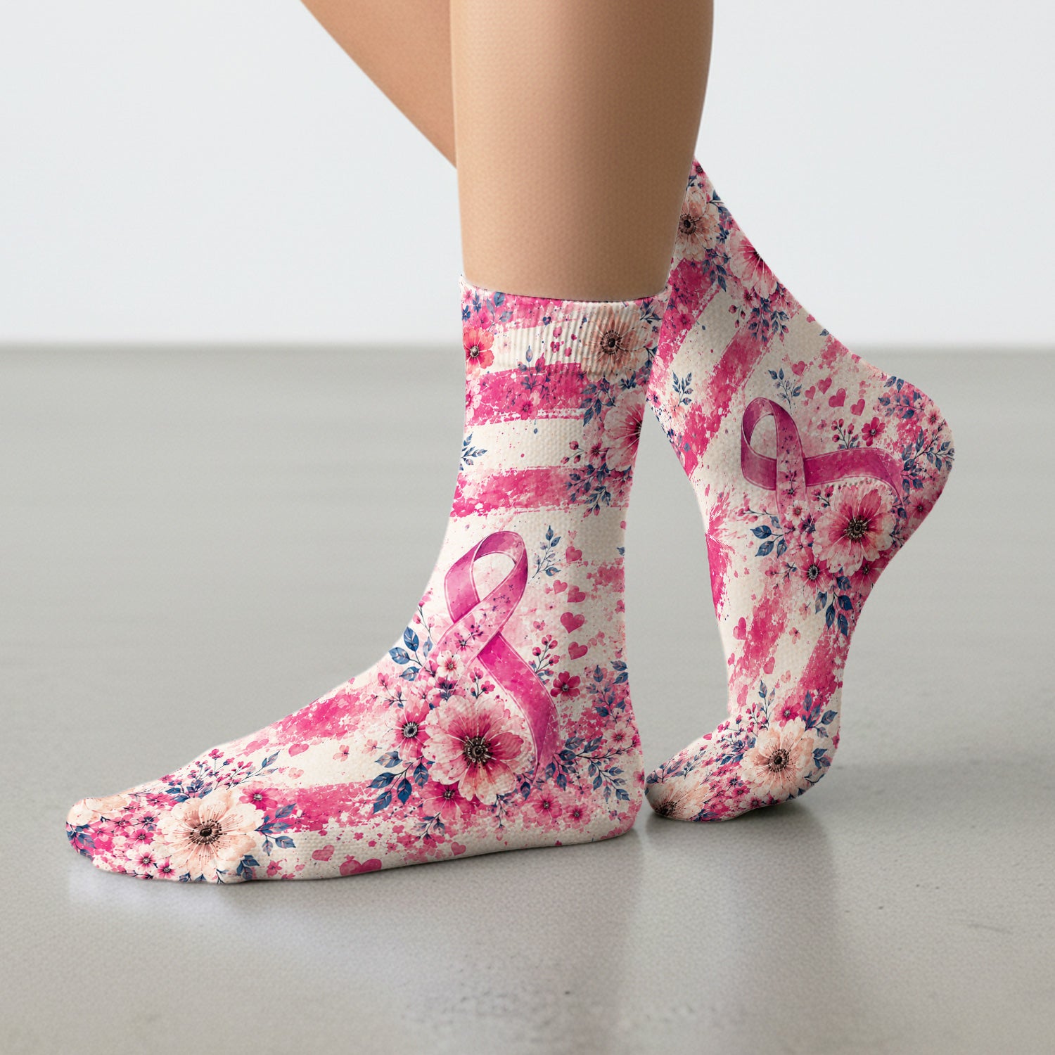 Breast Cancer Floral Flag Socks, Adult Socks for Men and Women