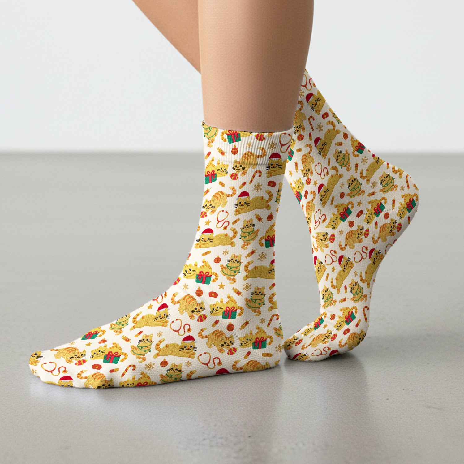 Christmas Cat Nurse Scrub Socks, Cute Holiday Kitty Medical Uniform For Nursing