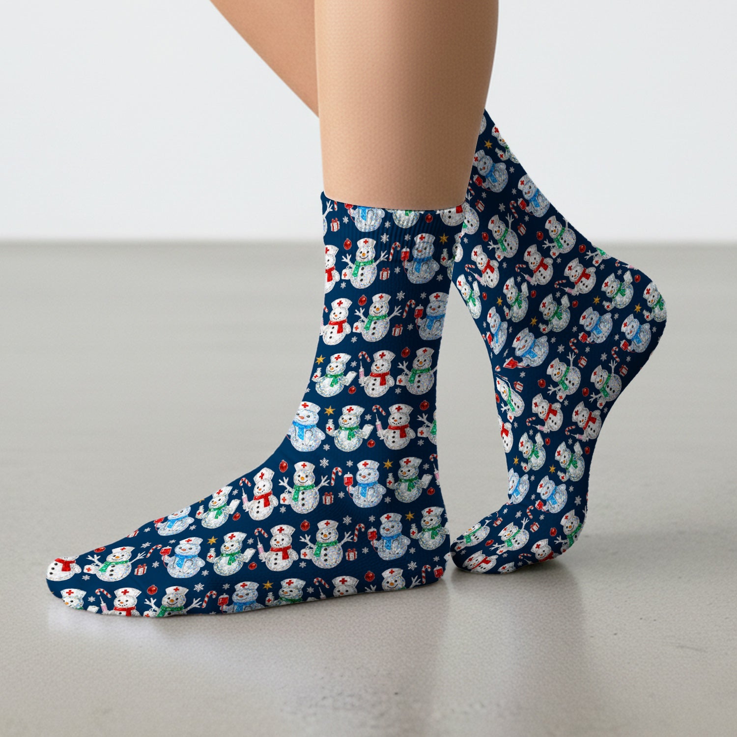 Nurse Snowman Christmas Scrub Socks, Cute Holiday Medical Pattern Sock For Women, Winter Snowflake Nursing Uniform
