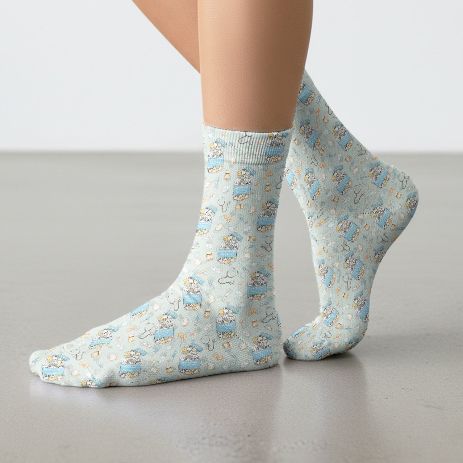 Cute Antidepressant Cat Jar Print Medical Socks, Breathable Fabrics Medical Uniform