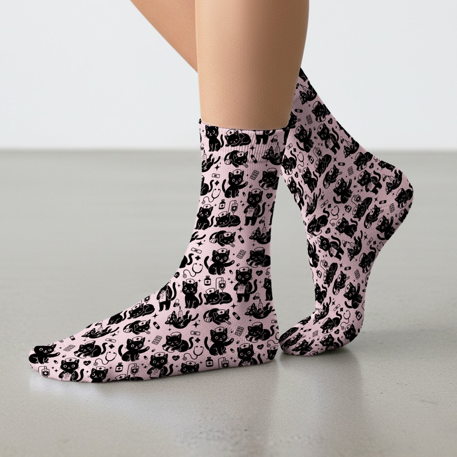 Cute Black Cat Nurse Pattern Socks, Adult Socks for Men and Women
