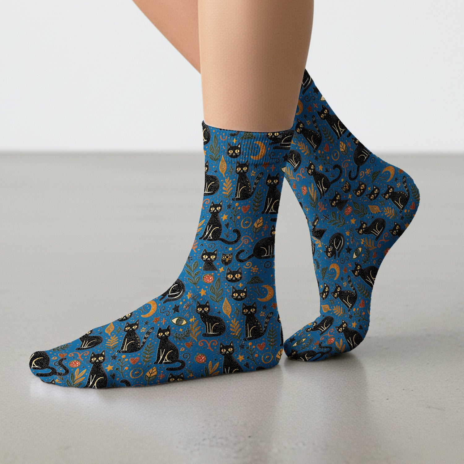 Mystic Black Cat Celestial Doodle Pattern Socks, Breathable Fabrics Medical Uniform