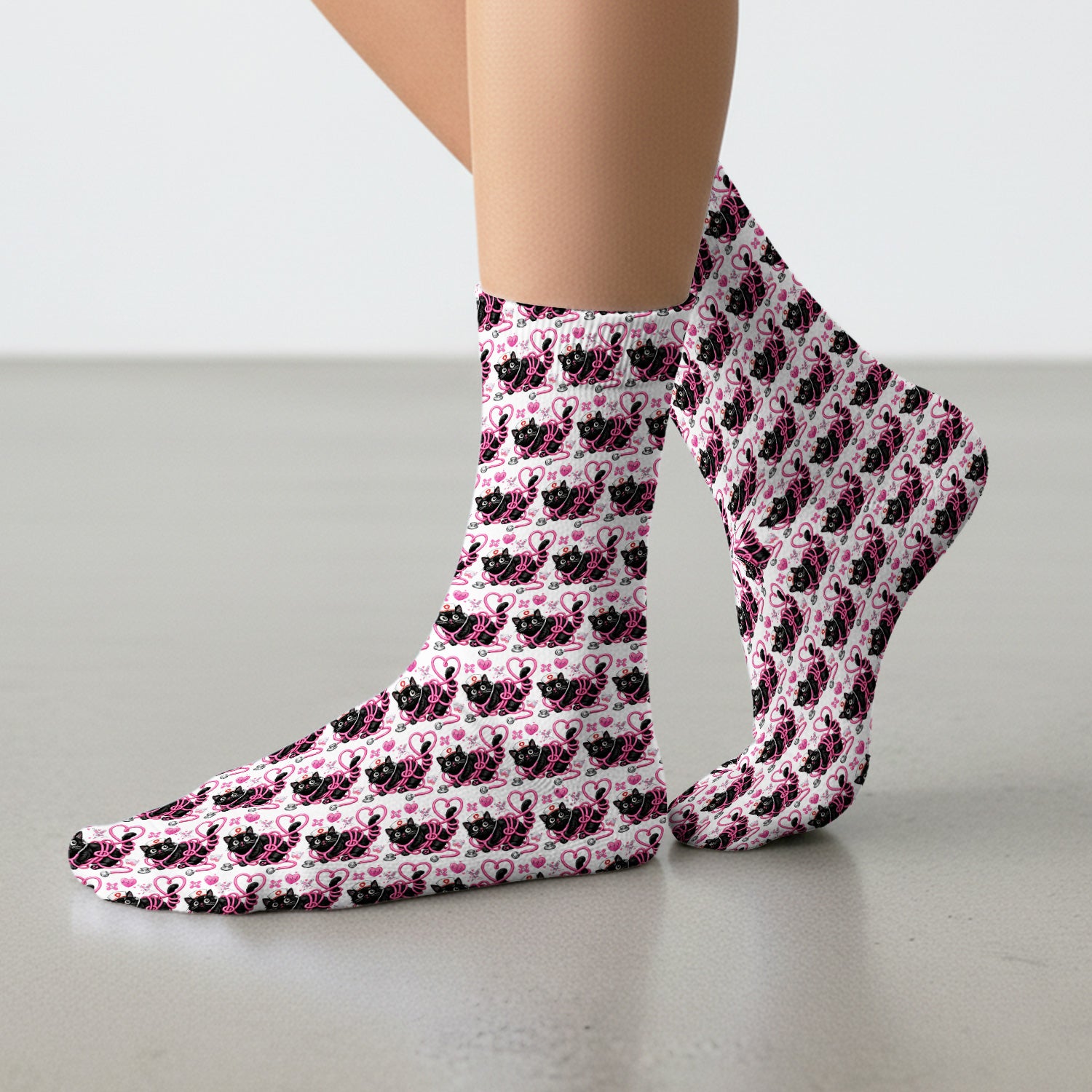 Valentine Cute Cat Nurse Heart Print Medical Socks, Adult Socks for Men and Women