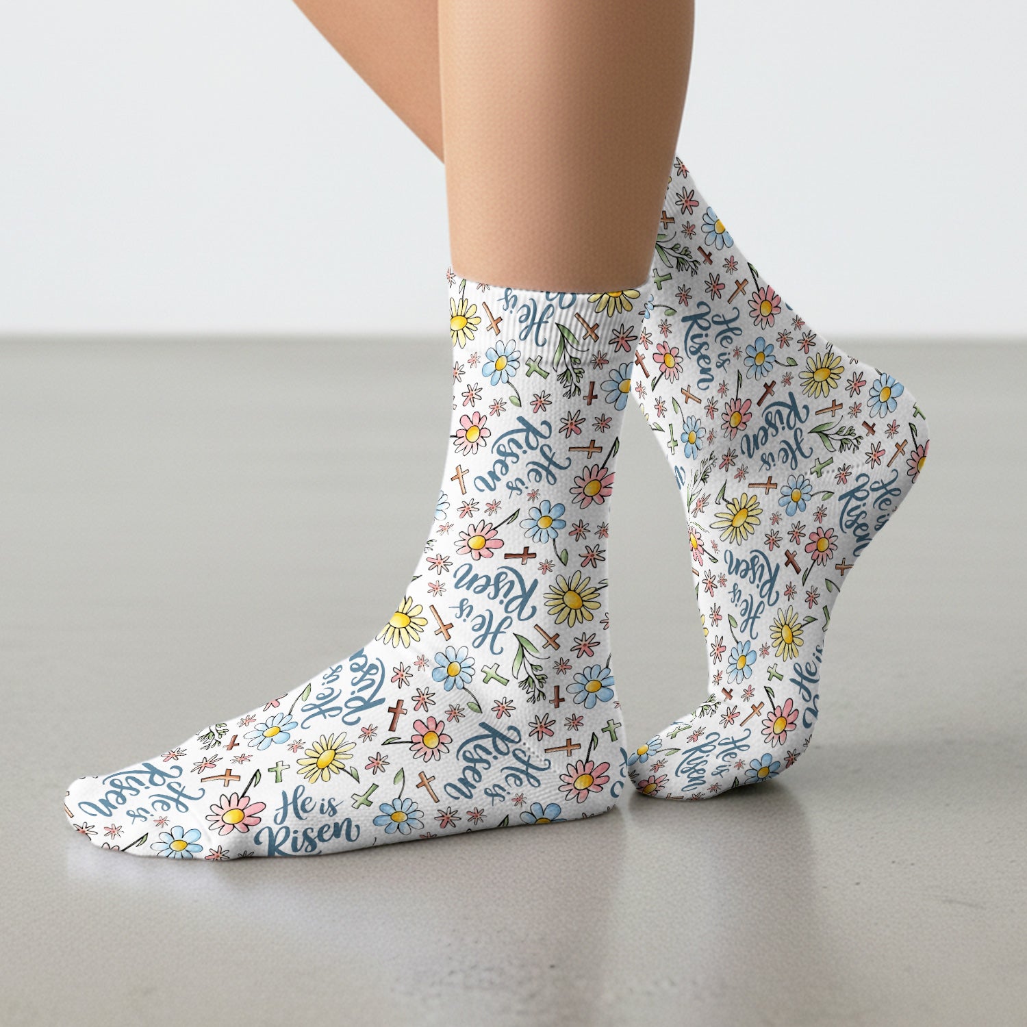 He Is Risen Cross Flower Pattern Socks, Adult Socks for Men and Women