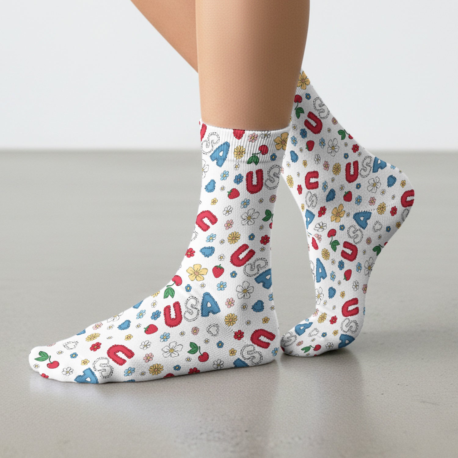 USA Cherry Strawberry Floral Patch Pattern Socks, Breathable Fabrics Medical Uniform