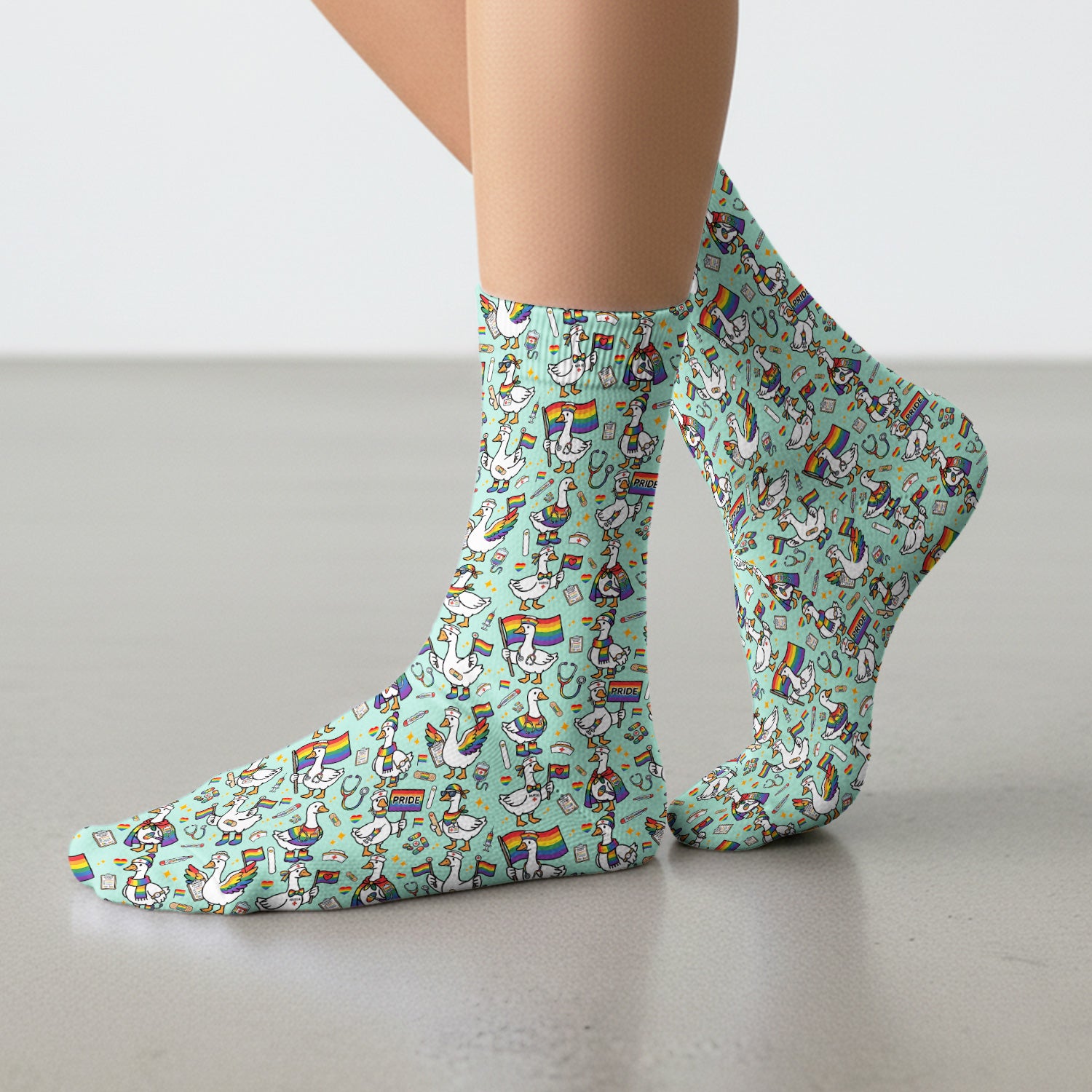 LGBT Pride Nurse Duck Pattern Socks, Breathable Fabrics Medical Uniform