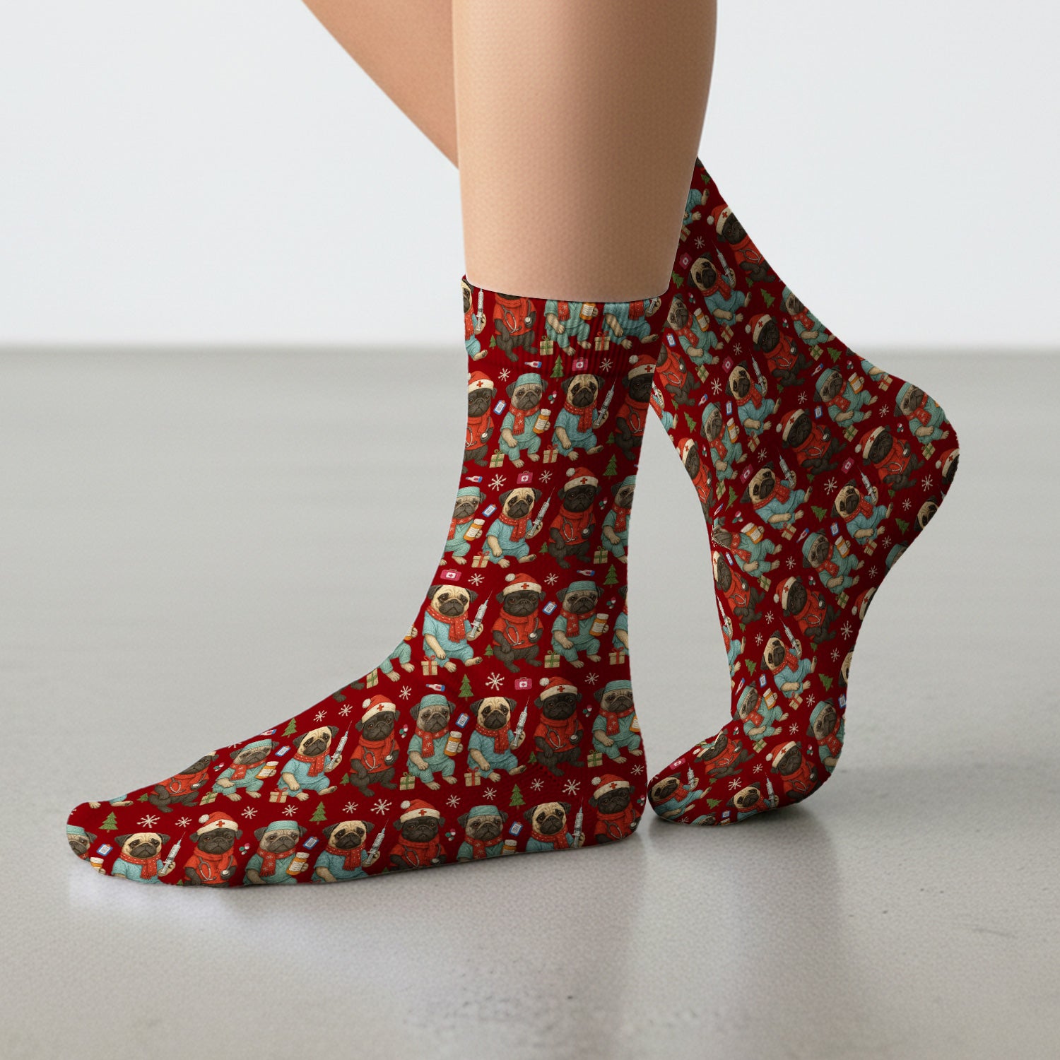 Christmas Pug Nurse Scrub Socks, Cute Holiday Dog Medical Uniform Shirt For Nursing