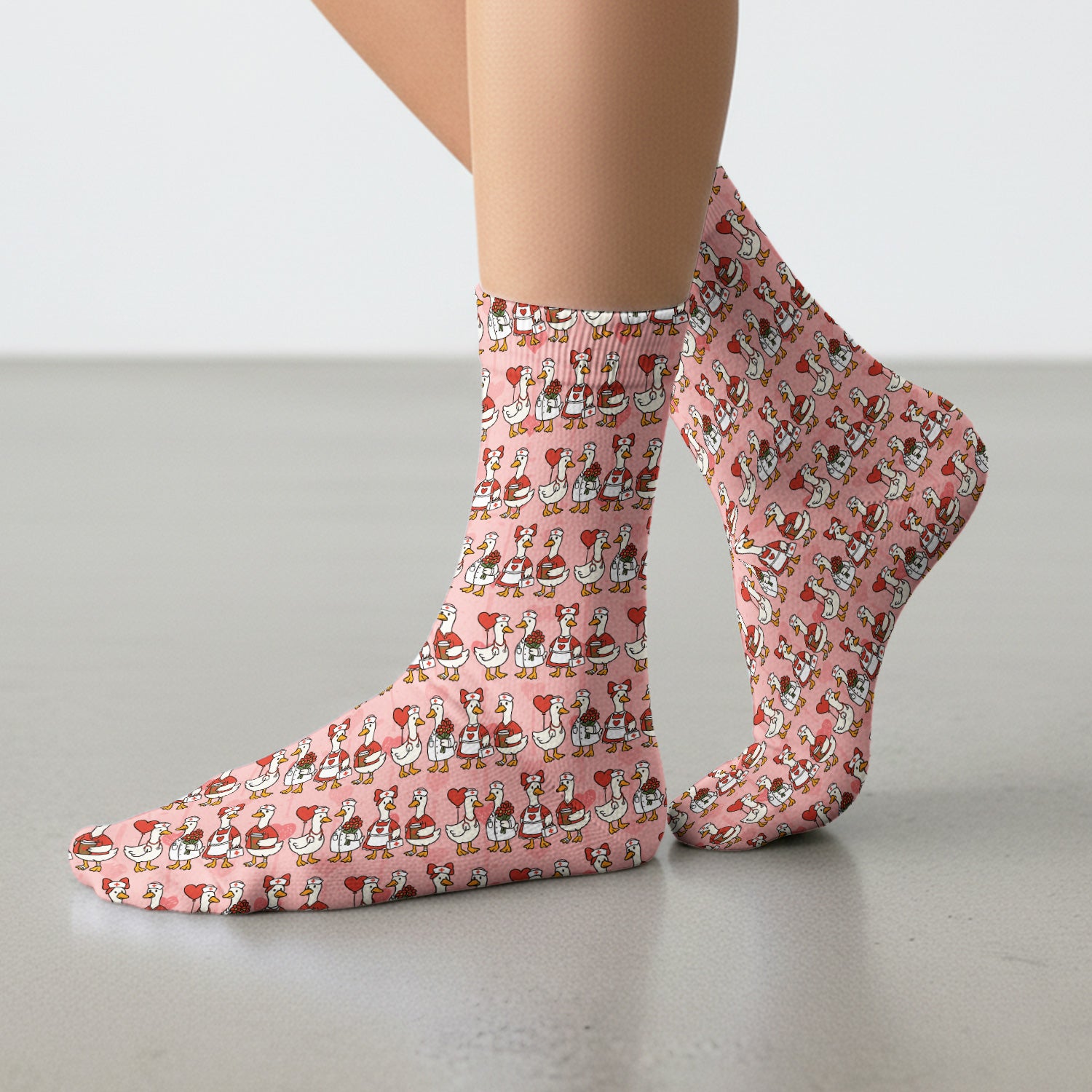 Valentine Nurse Goose with Heart Pattern Socks, Adult Socks for Men and Women
