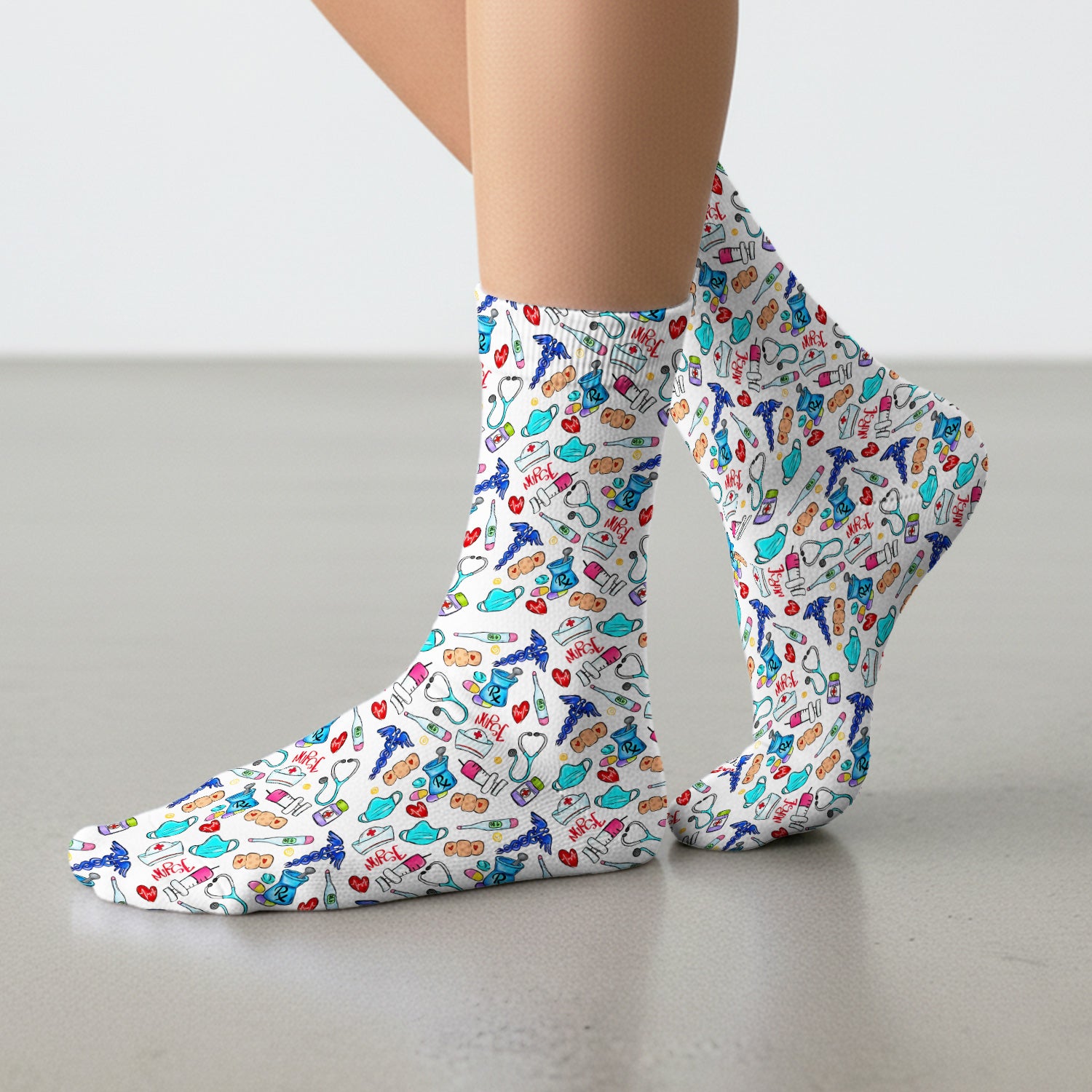 Nurse Medical Icons Stethoscope Heart Pattern Socks, Breathable Fabrics Medical Uniform