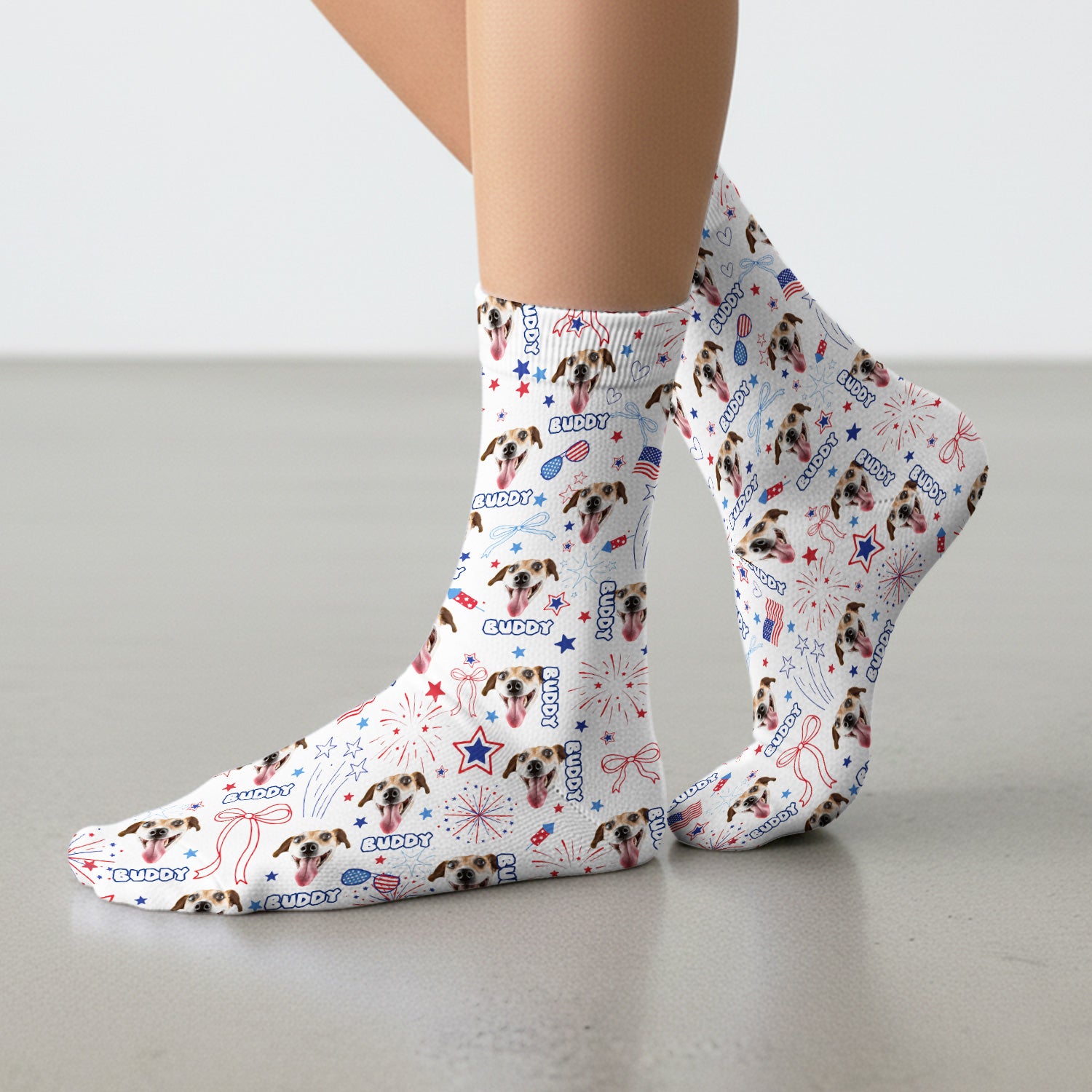 Personalized Patriotic Dog Face Name Pattern Socks, Adult Socks for Men and Women