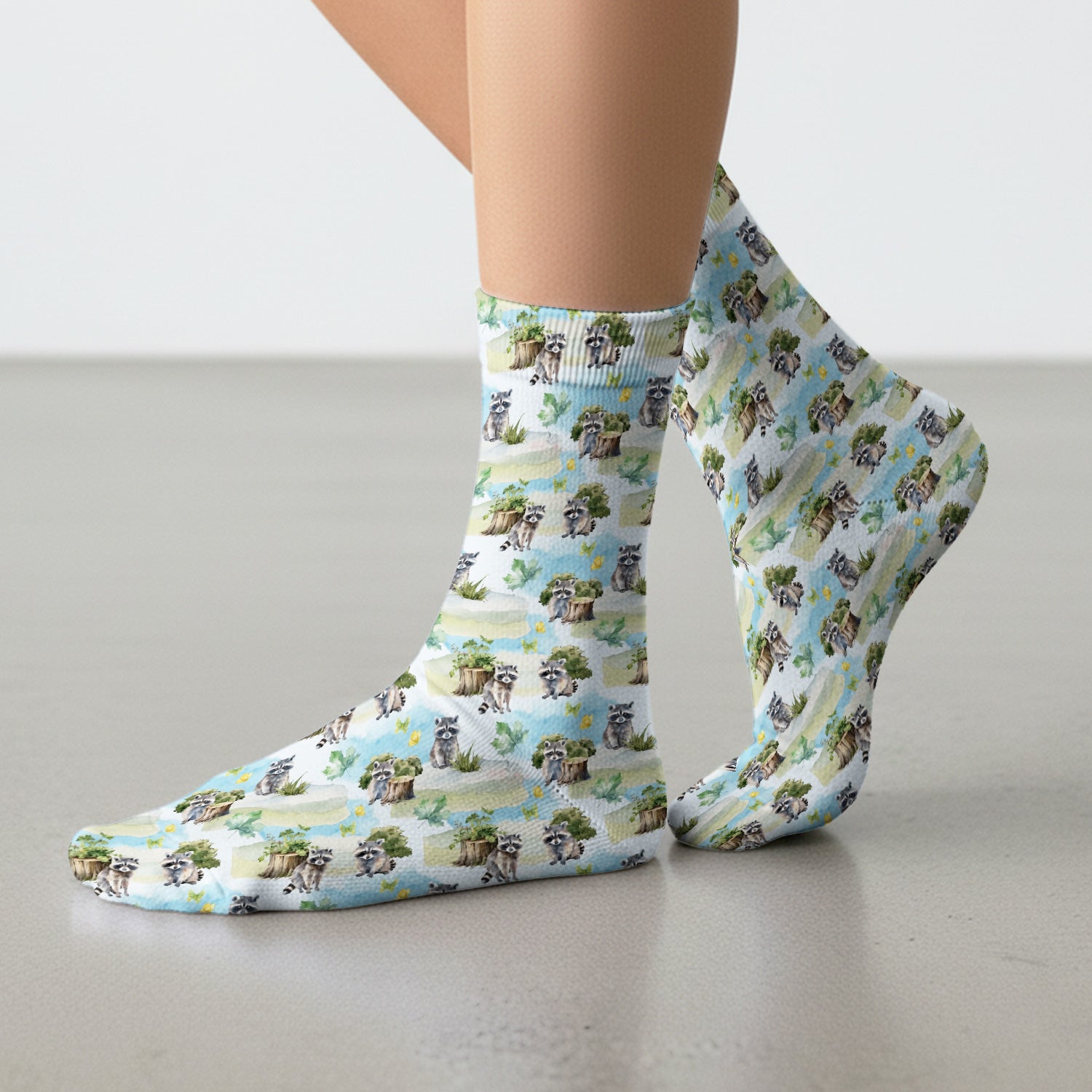 Cute Raccoon Woodland Print Socks, Adult Socks for Men and Women