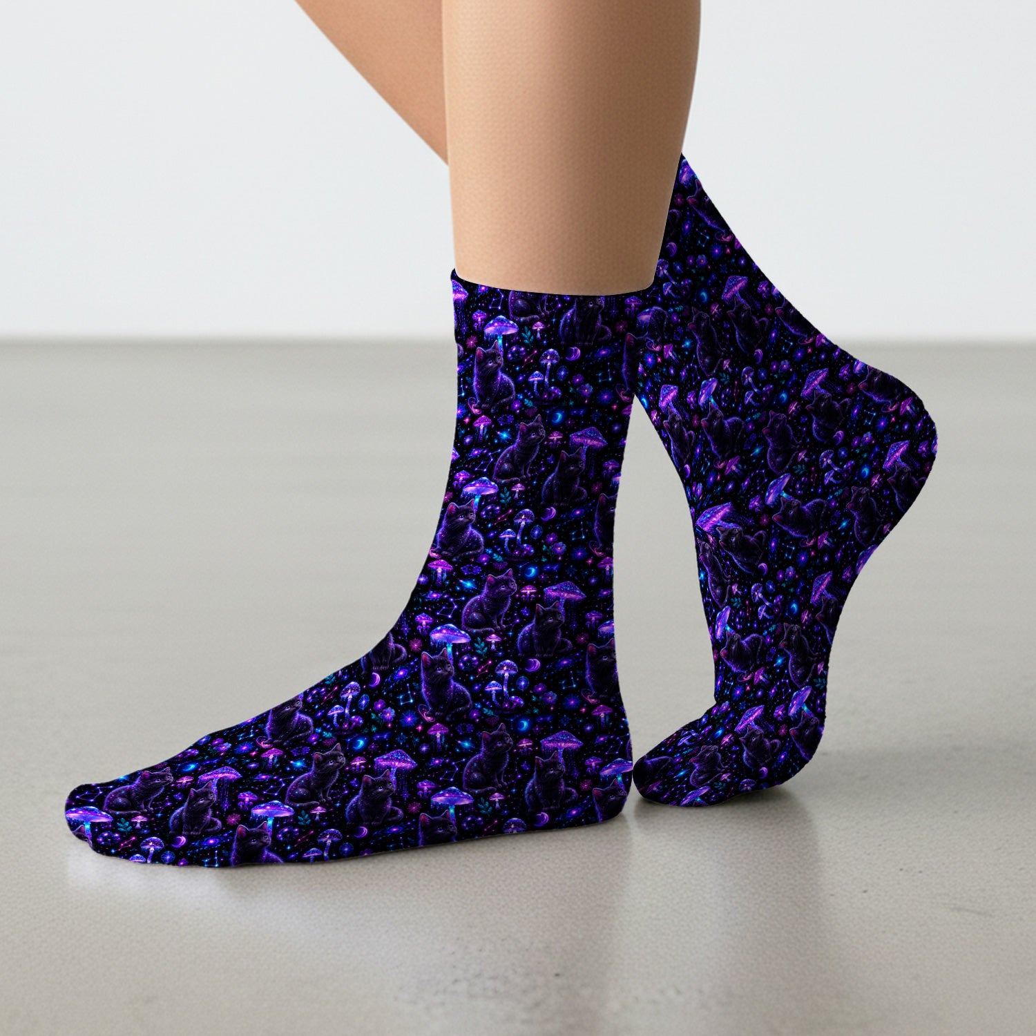Mystical Black Cat Neon Mushroom Print Socks, Adult Socks for Men and Women