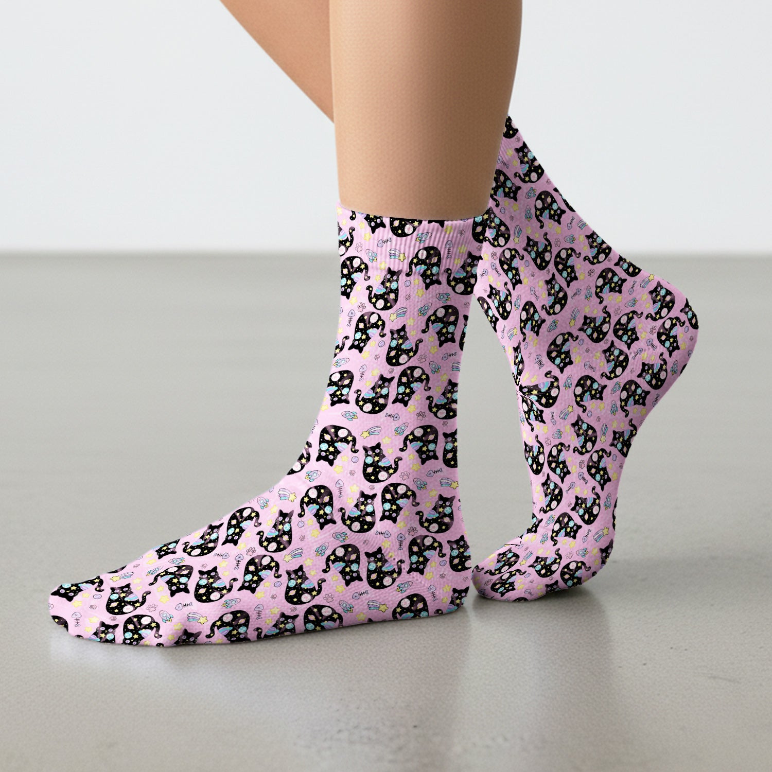 Galaxy Black Cat Space Pattern Socks, Breathable Fabrics Medical Uniform
