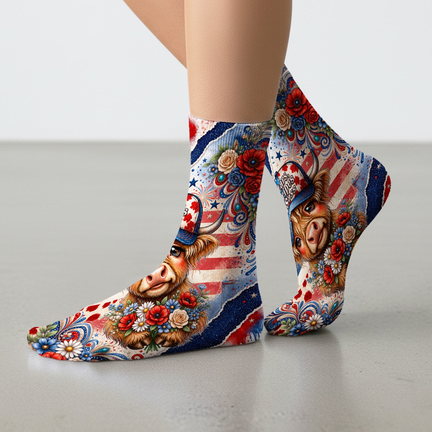 Patriotic Highland Cow Nurse Pattern, Healthcare Workers Socks, Adult Socks for Men and Women