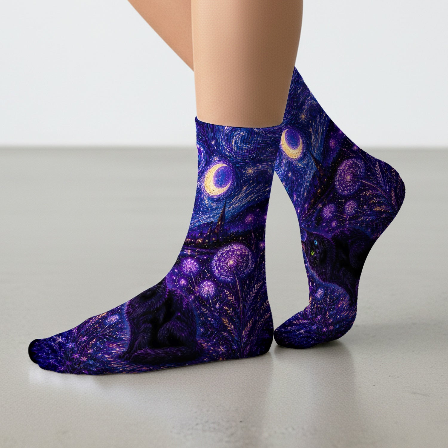 Mystical Black Cat Starry Night Print Socks, Adult Socks for Men and Women