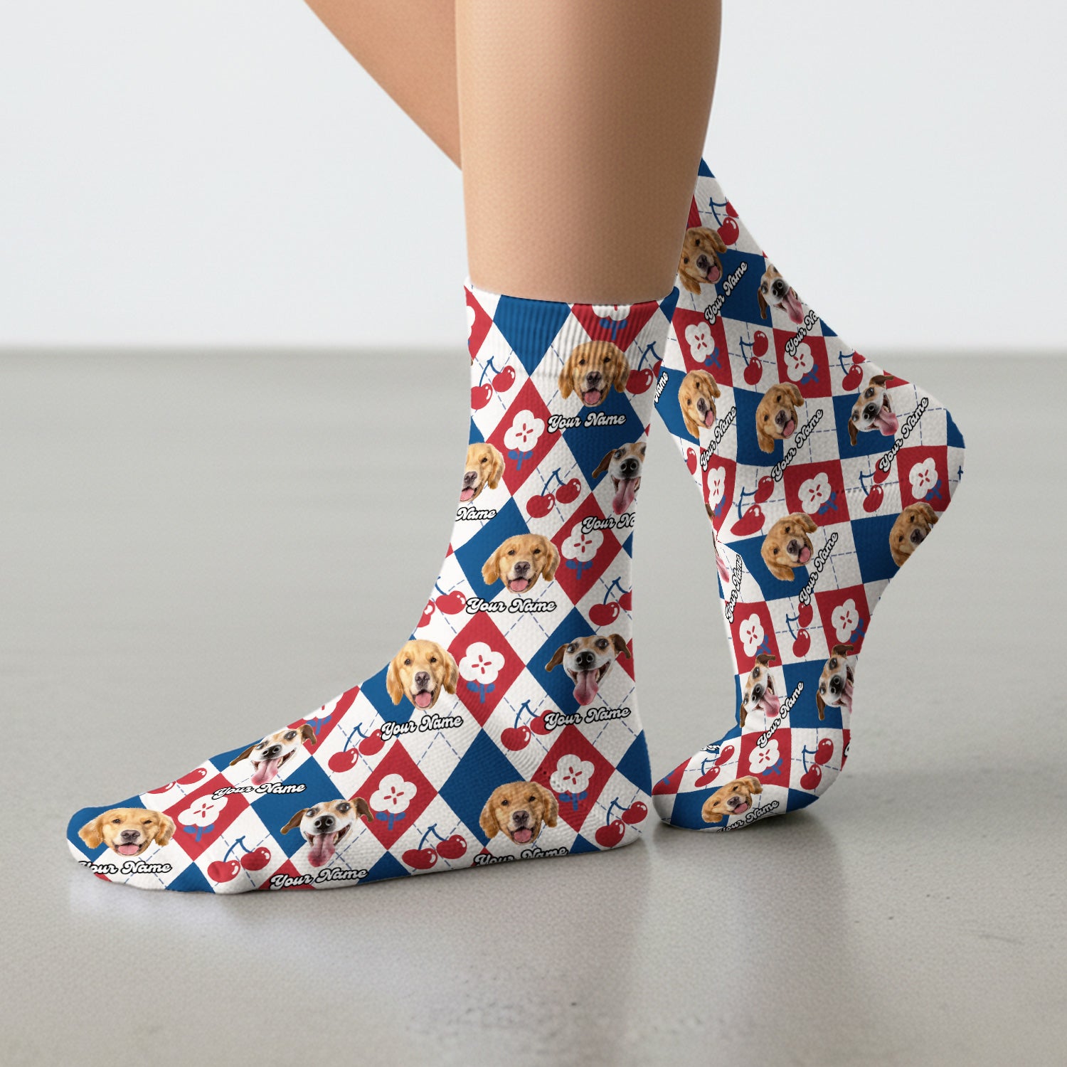 Custom Dog Face Sock, Playful Dog Cherry Argyle Pattern, Breathable Fabrics Medical Uniform