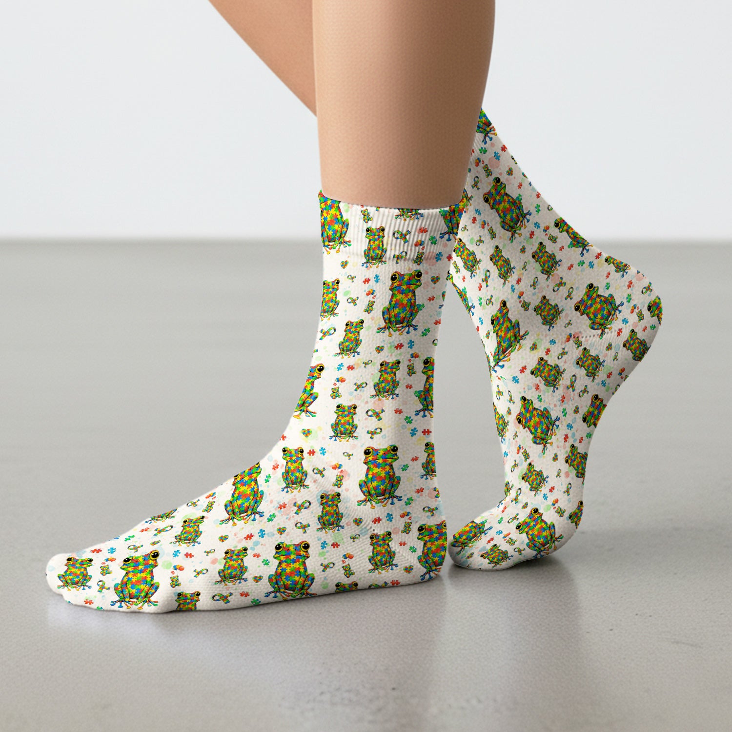 Colorful Autism Puzzle Frog Pattern Socks, Adult Socks for Men and Women