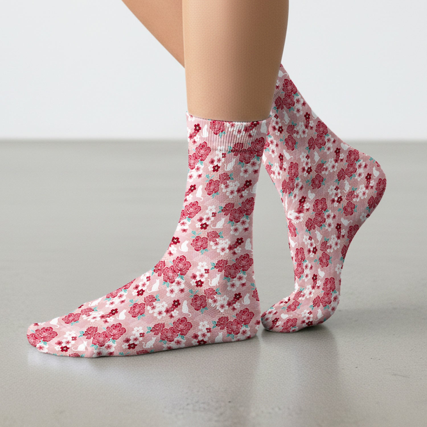 Floral White Cat Nurse Socks, Adult Socks for Men and Women