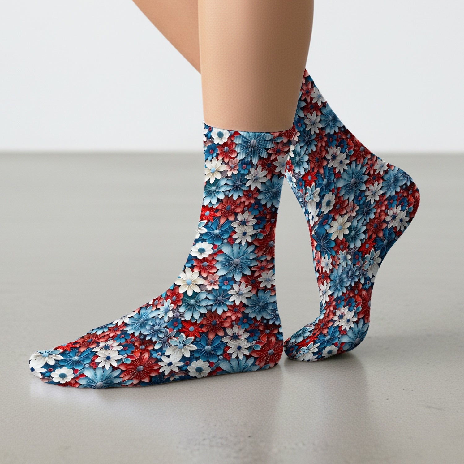 Patriotic 3D Floral Nurse for RN & CNA, Red Blue White Healthcare Workers Uniform Socks, Adult Socks for Men and Women