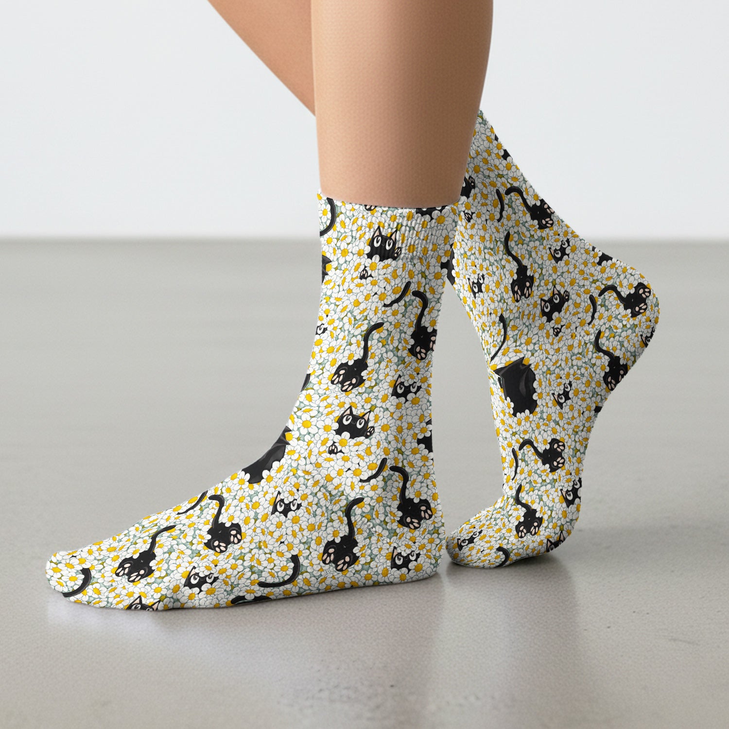Daisy Black Cat Nurse Pattern Socks, Adult Socks for Men and Women