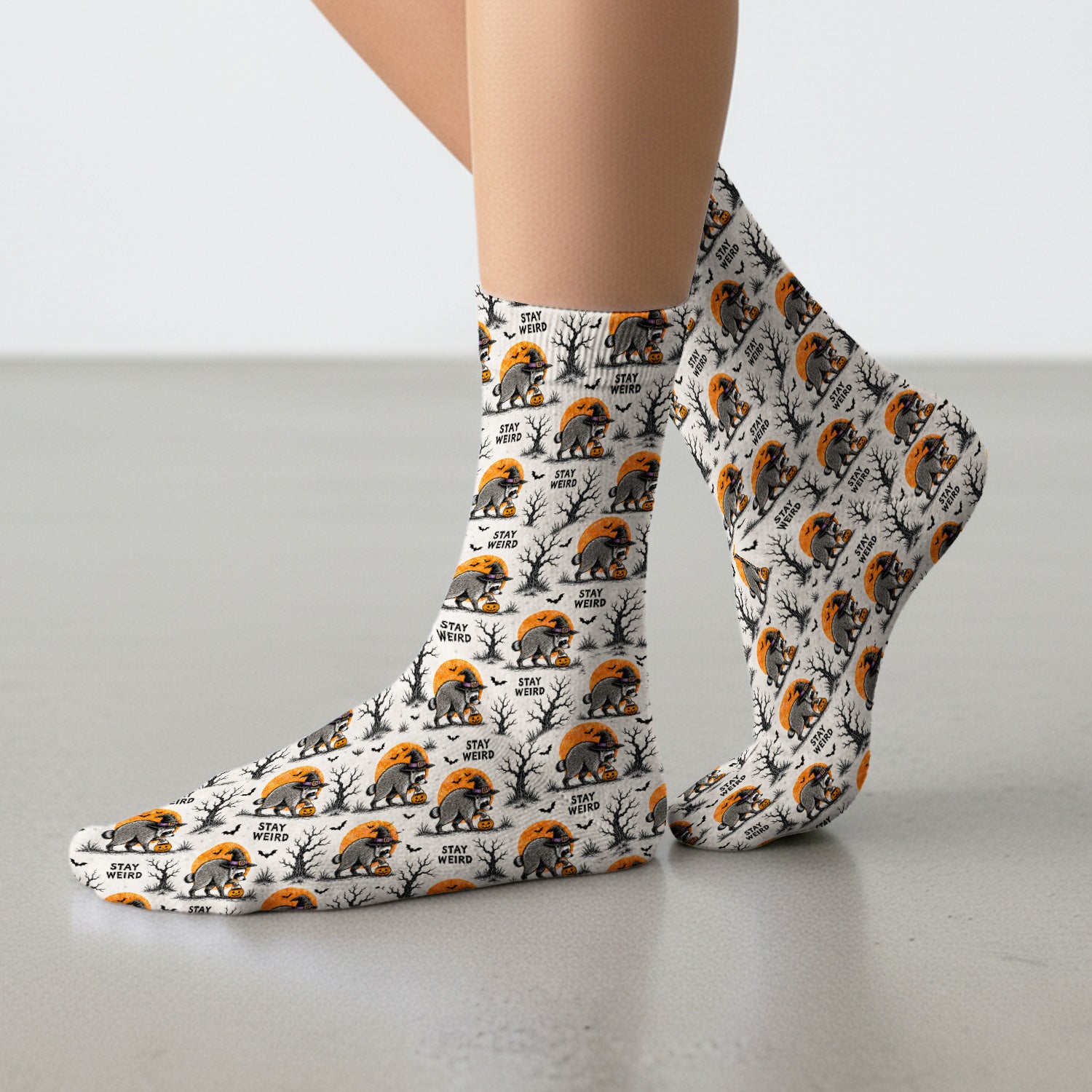 Funny Stay Weird Halloween Raccoon Socks, Adult Socks for Men and Women
