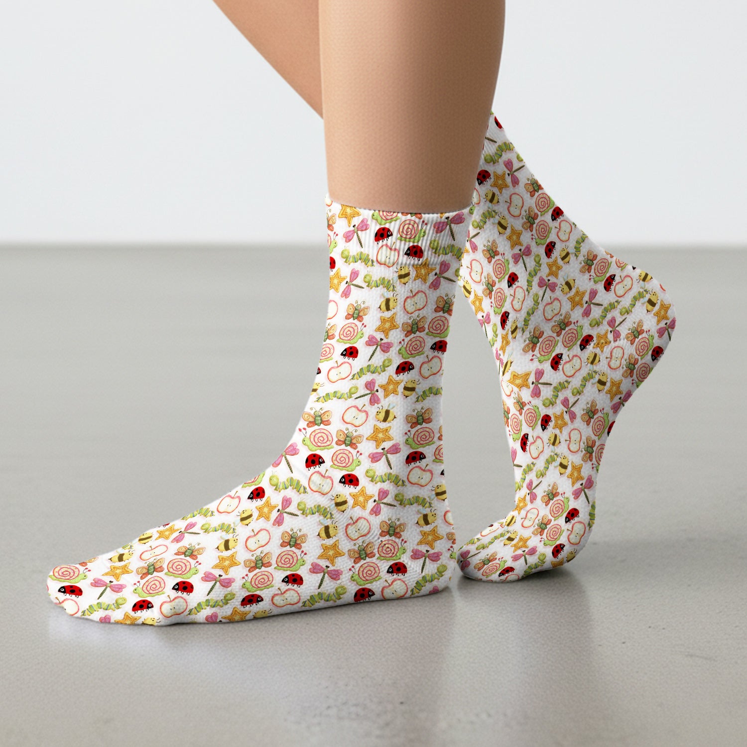 Cute Nurse Snail Ladybug Caterpillar Apple Garden Pattern Socks, Breathable Fabrics Medical Uniform