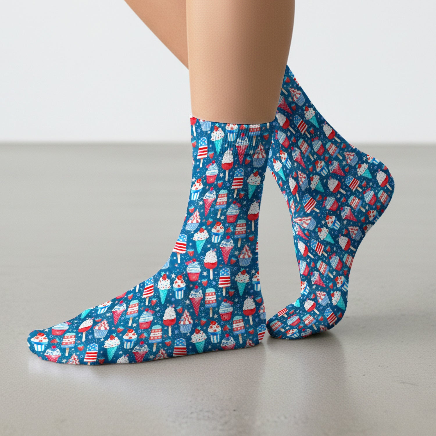 Cute Patriotic Ice Cream Popsicles With USA Flag Dessert Socks, Adult Socks for Men and Women