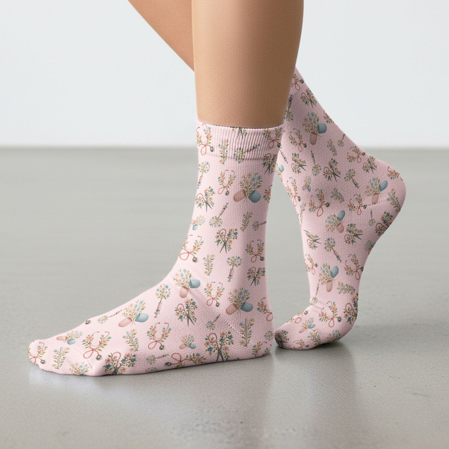 Floral Medical Scrub Socks, Elegant Stethoscope With Flower Nursing Sock, Breathable Fabrics Nurse Uniform