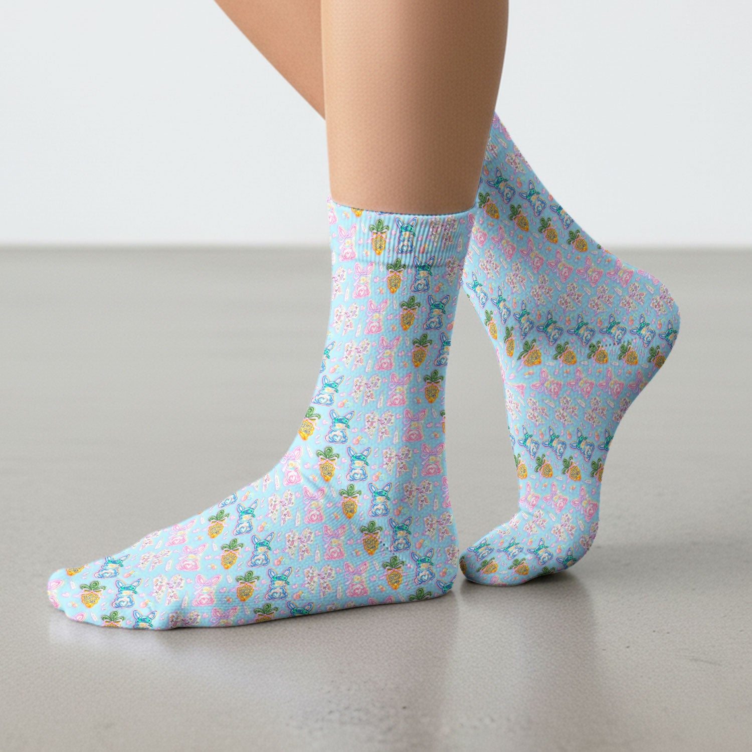 Easter Bunny Carrot Bow Floral Print Socks, Breathable Fabrics Medical Uniform