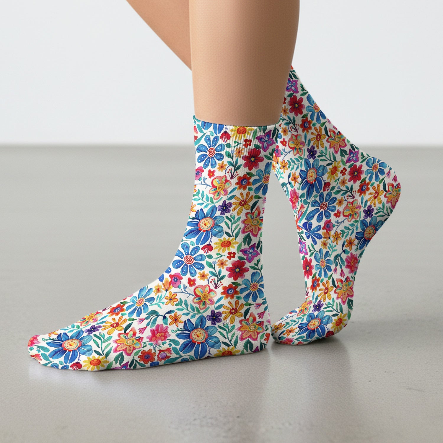 Colorful Folk Floral Print Socks, Adult Socks for Men and Women