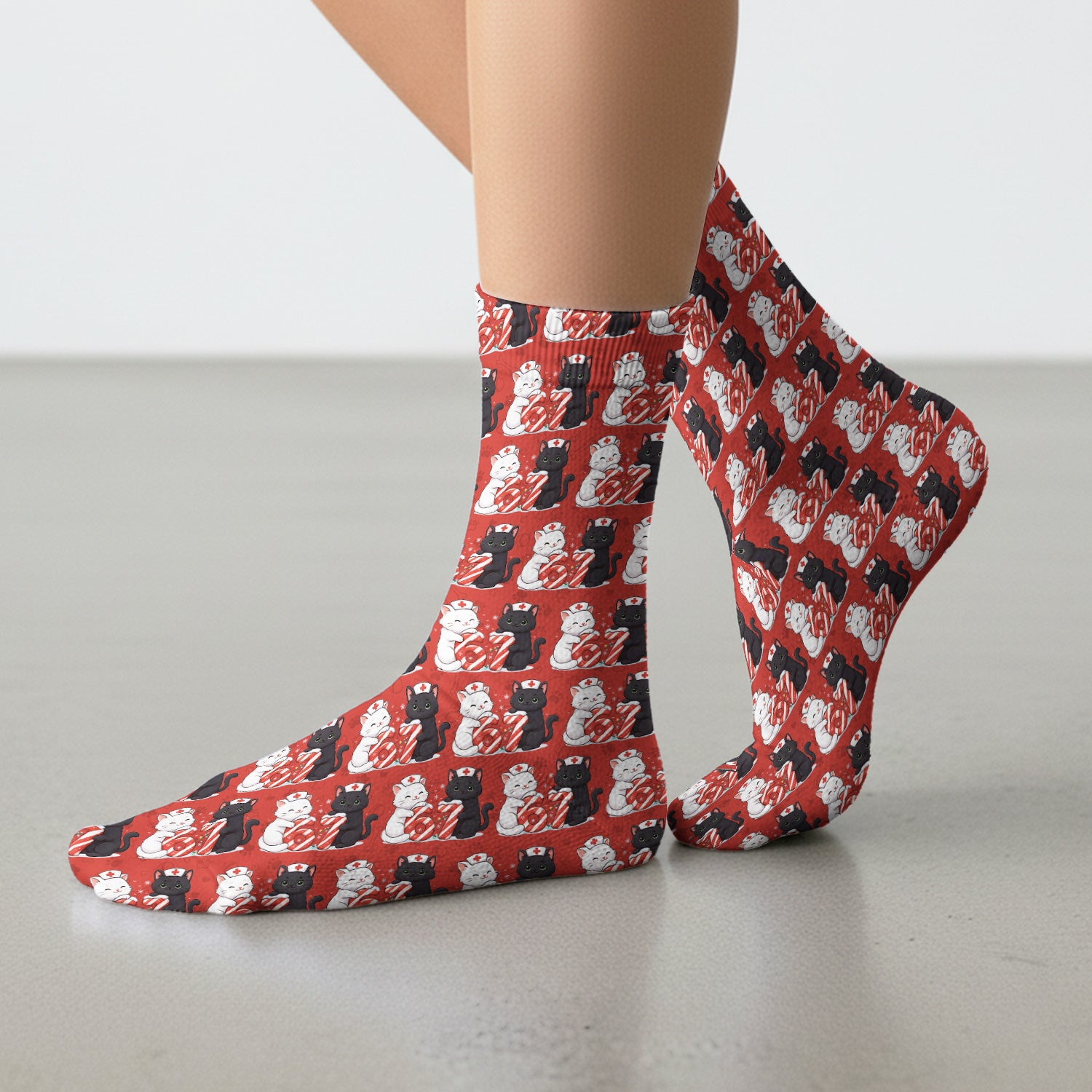 Xmas Cat Pattern Scrub Socks, Christmas Nurse Six Seven With Cat Scrub Sock, Breathable Fabrics Nursing Uniform