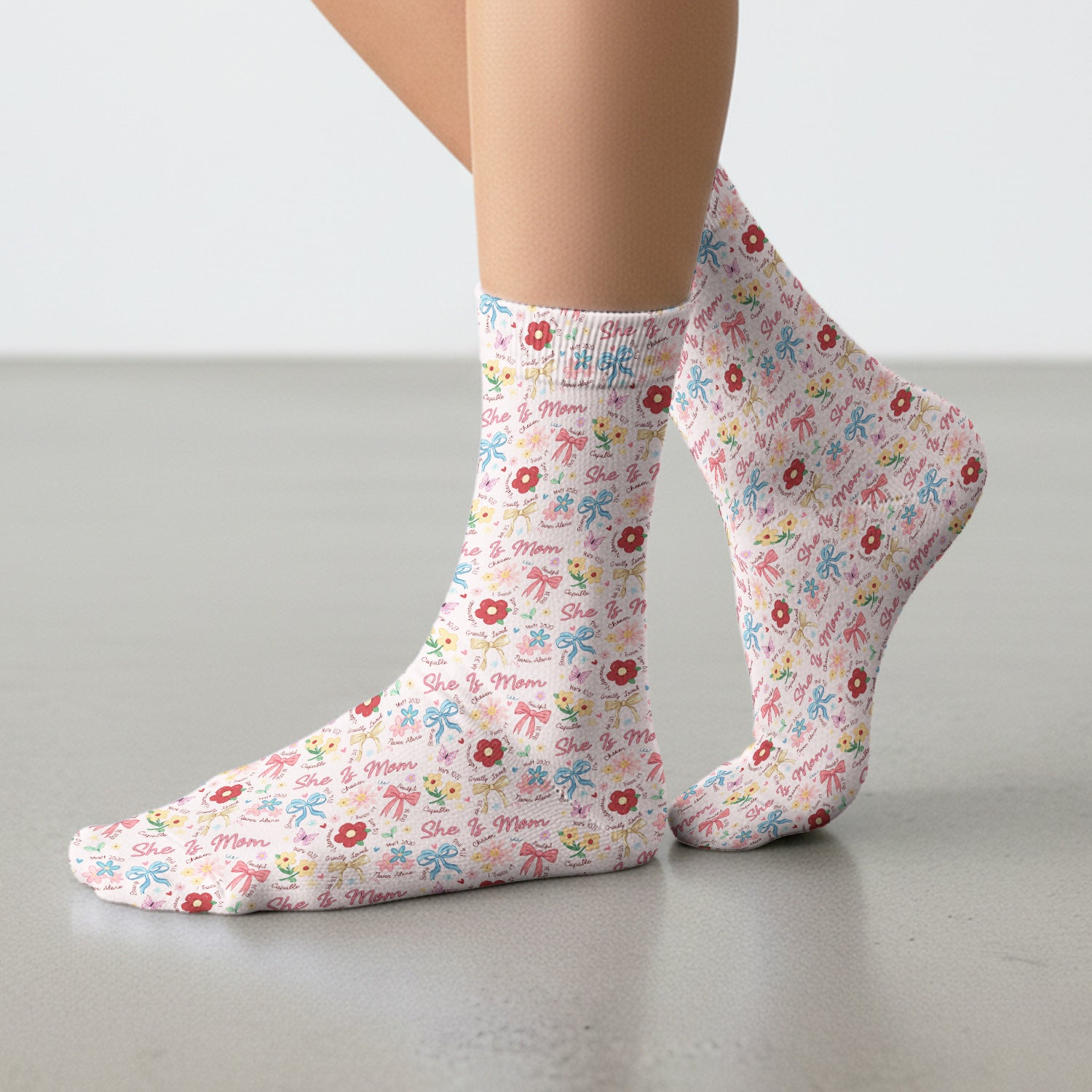 She Is Mom Floral Bow Pattern Socks, Breathable Fabrics Medical Uniform