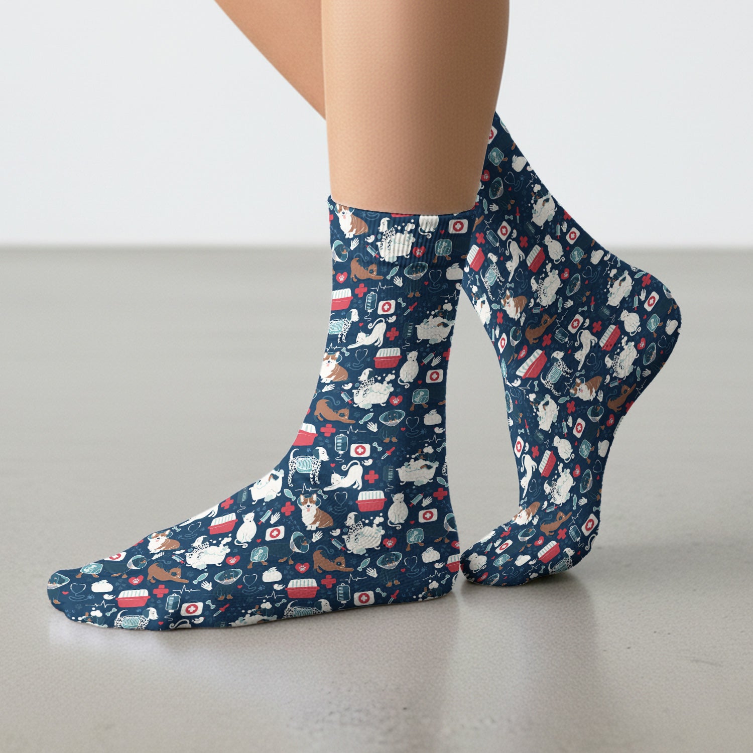 Dogs With Veterinary Tools And Paw Print Socks, Breathable Fabrics Medical Uniform