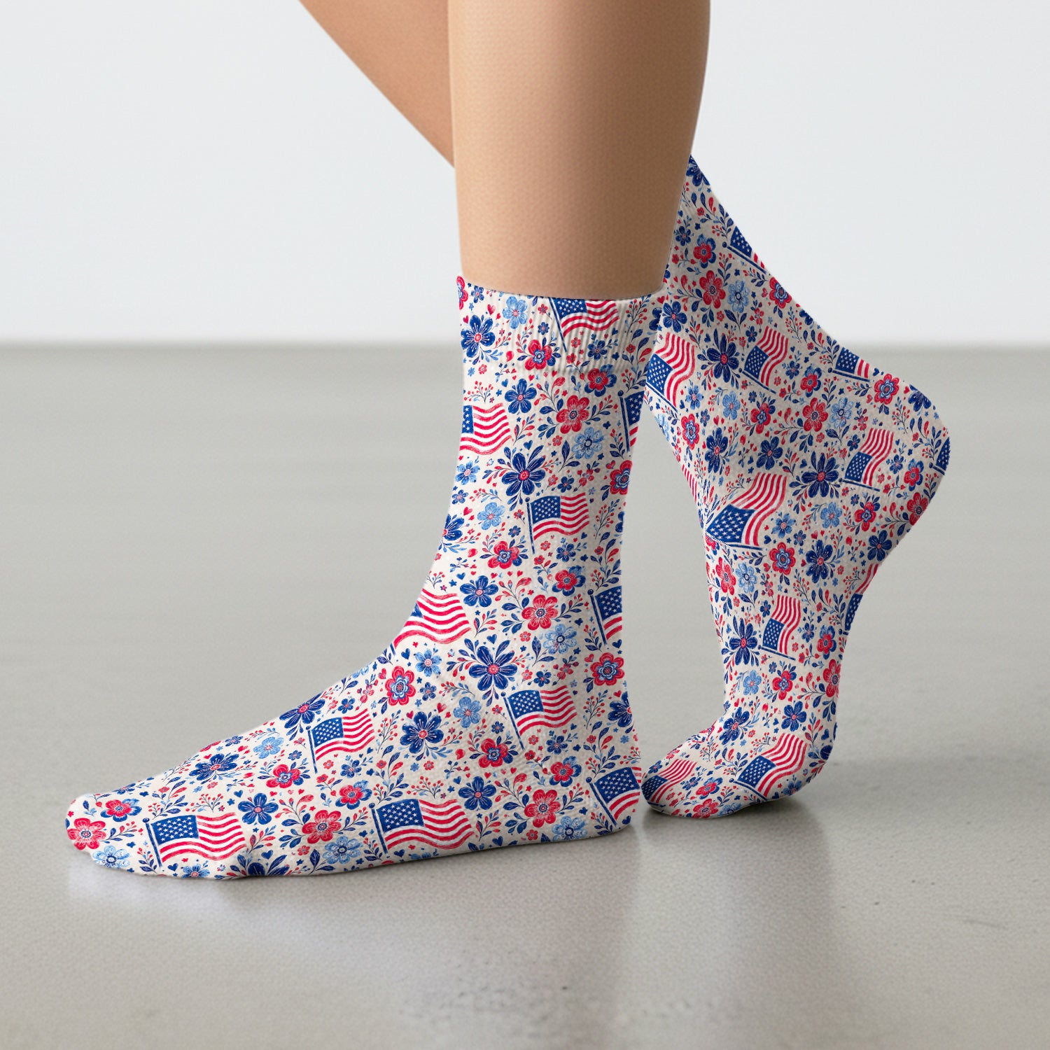 Patriotic Flag Floral Nurse Pattern Socks, Adult Socks for Men and Women