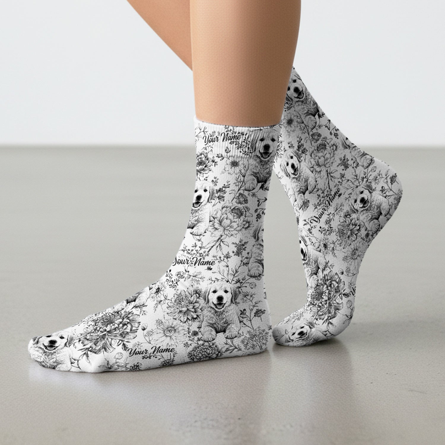 Personalized Custom Pet Photo Name Floral Pattern Socks, Adult Socks for Men and Women