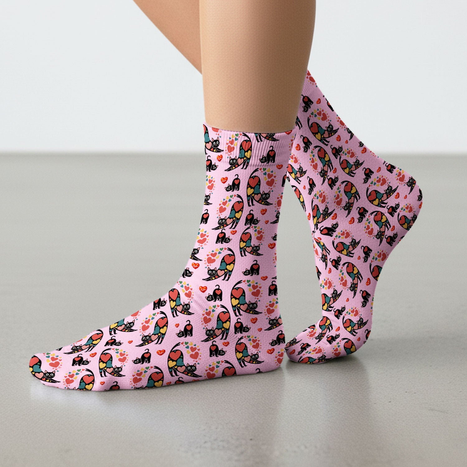Playful Cat Valentine Heart Print Medical Socks, Socks for Nurse Doctor