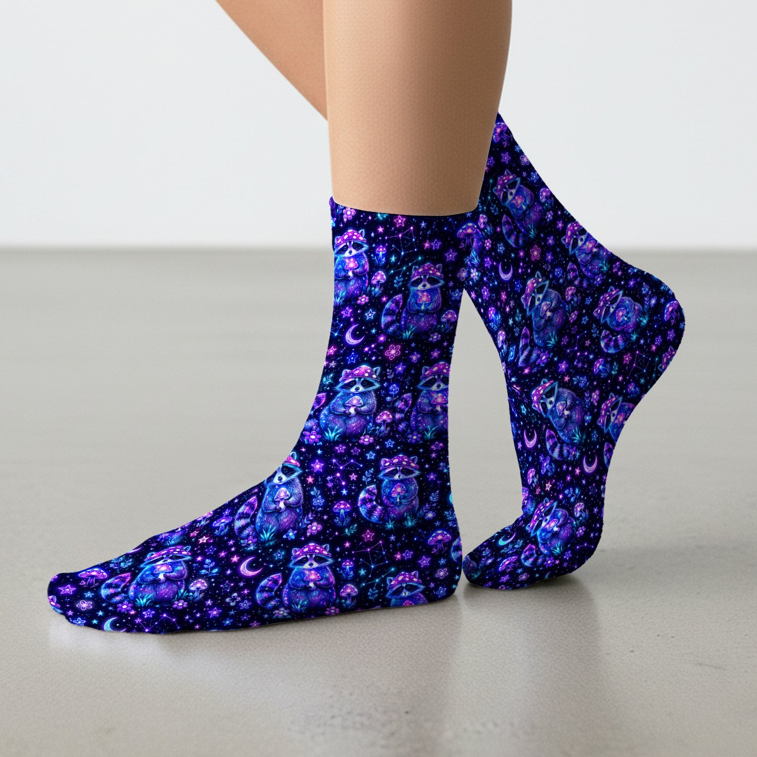 Neon Mushroom Raccoon Nurse Pattern Socks, Adult Socks for Men and Women