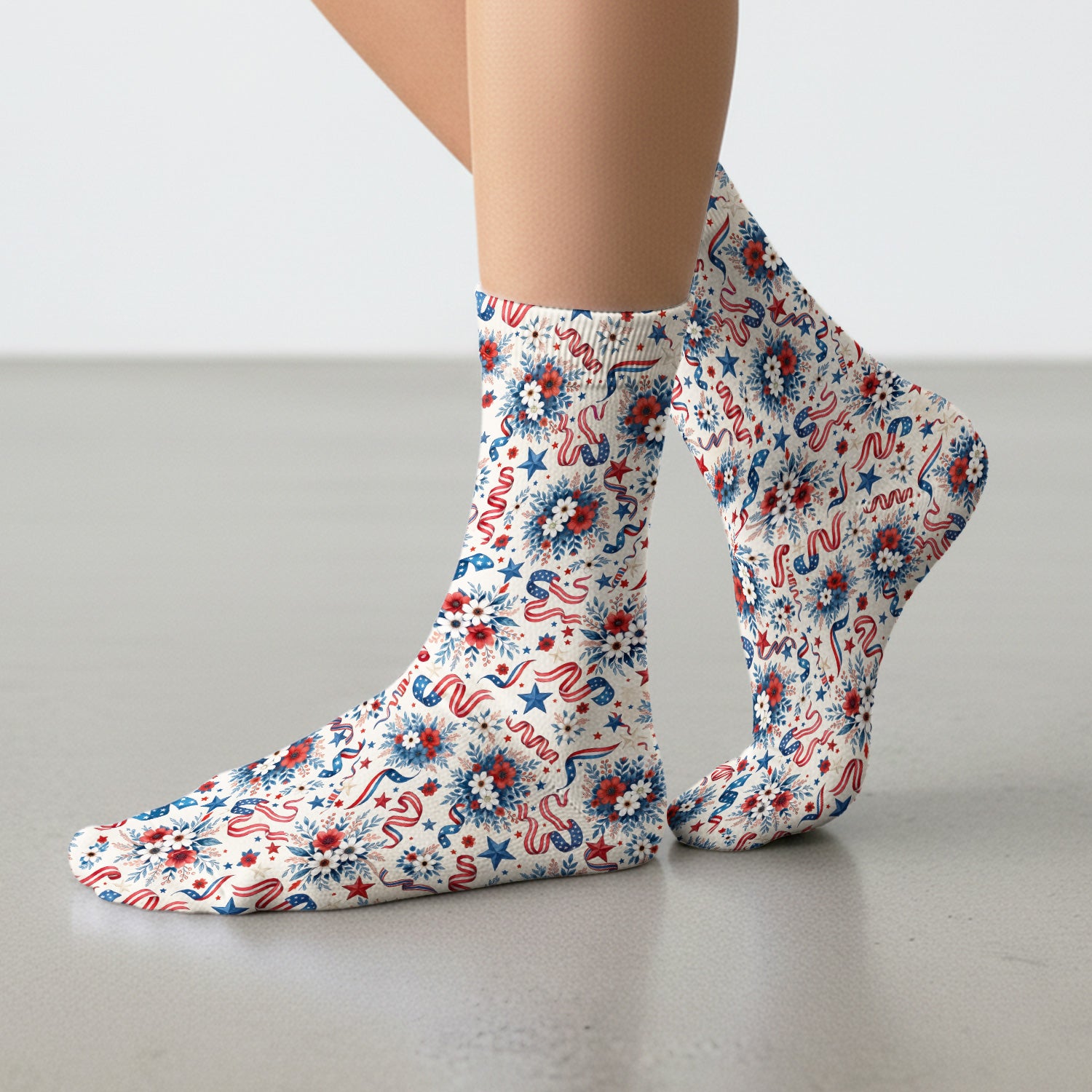 Patriotic Floral Ribbon Nurse for RN & CNA, Americana Healthcare Workers Uniform Socks, Adult Socks for Men and Women