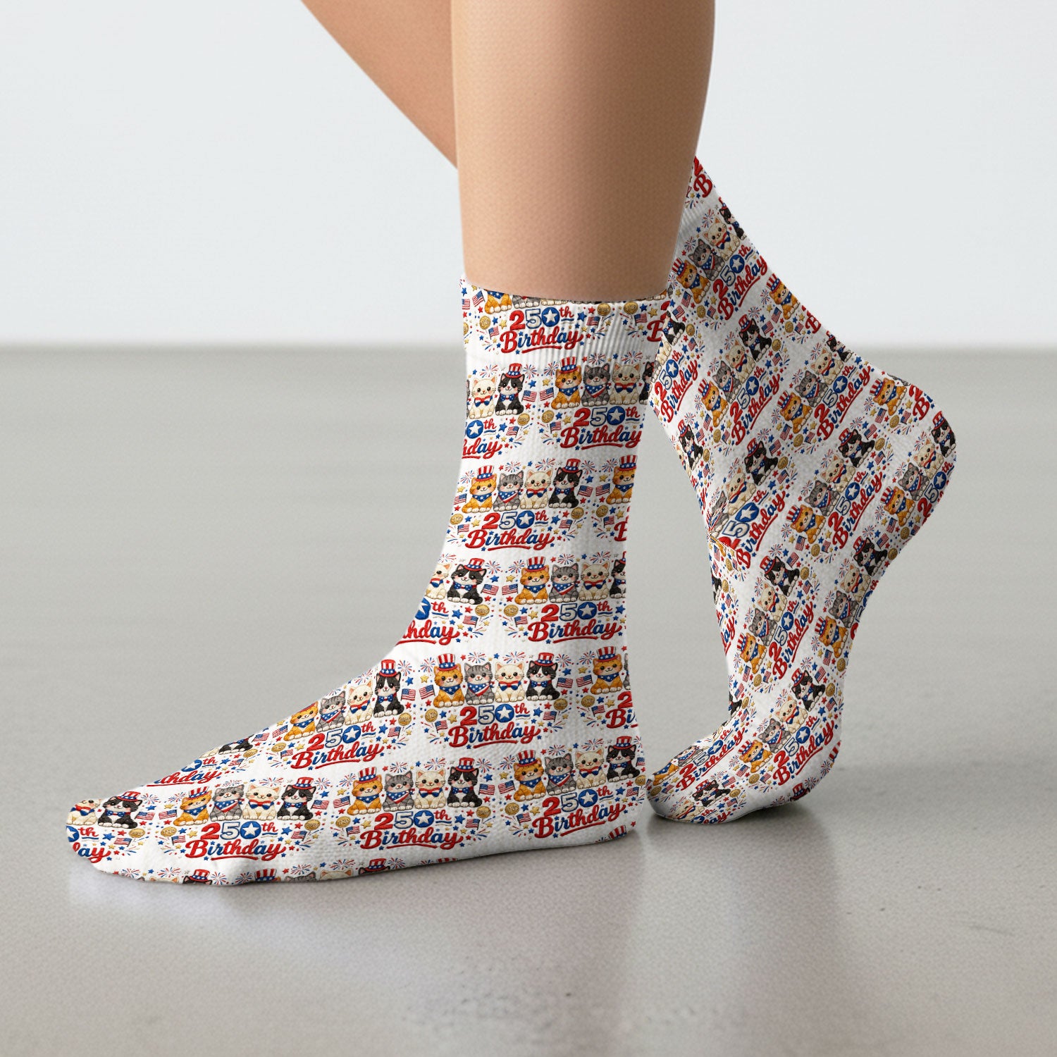 America 250th Anniversary Cat Pattern Print Socks, Adult Socks for Men and Women