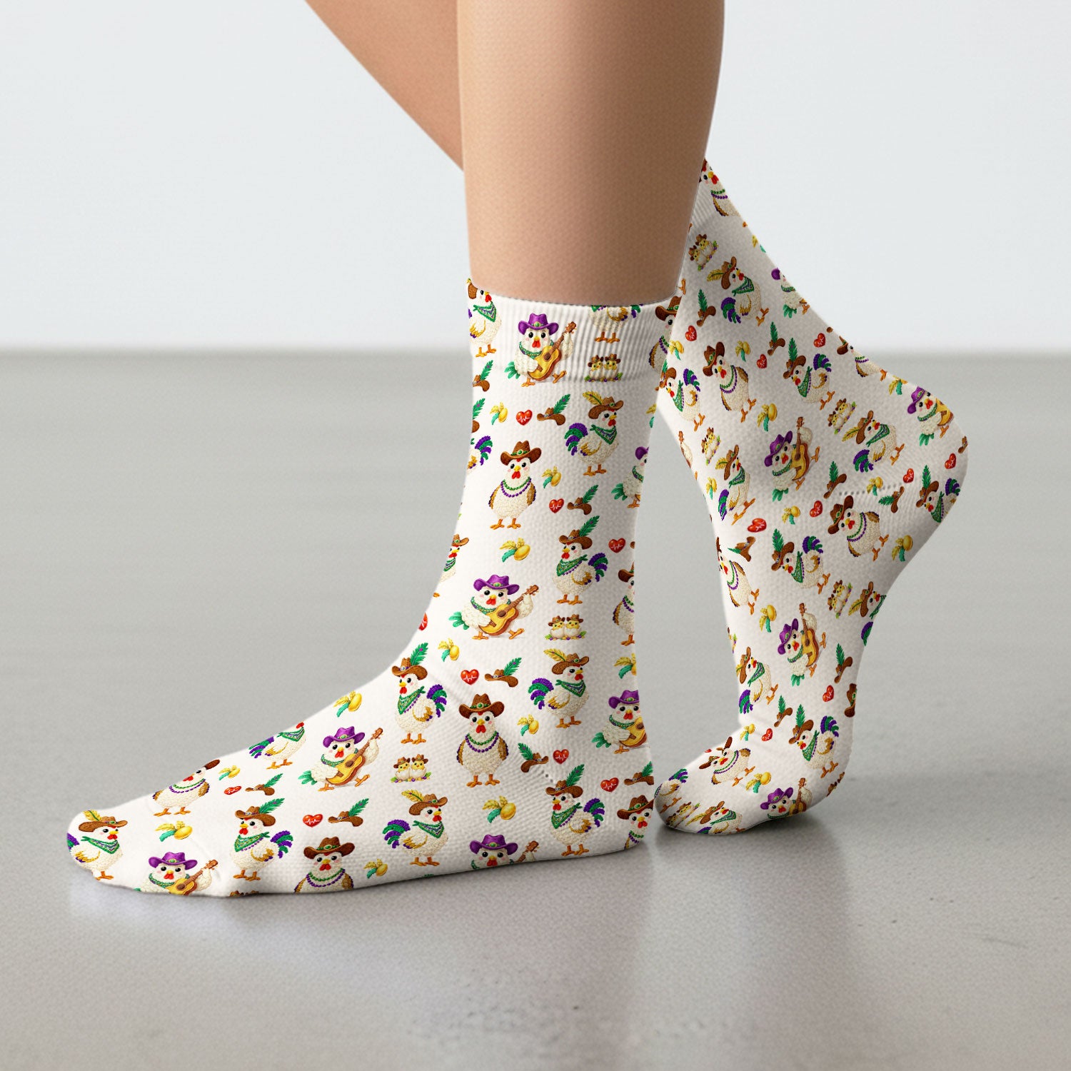 Funny Mardi Gras Rooster Cowboy Print Medical Socks, Socks for Nurse Doctor
