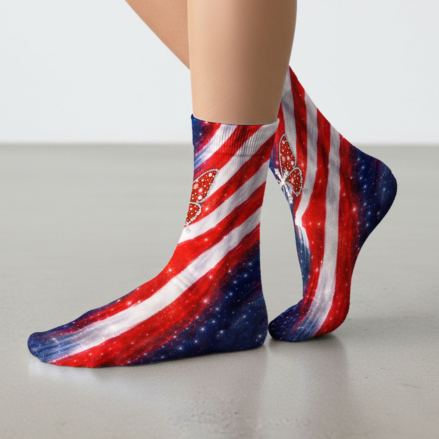 USA Flag Glitter Butterfly Rhinestone Pattern Socks, Breathable Fabrics Medical Uniform