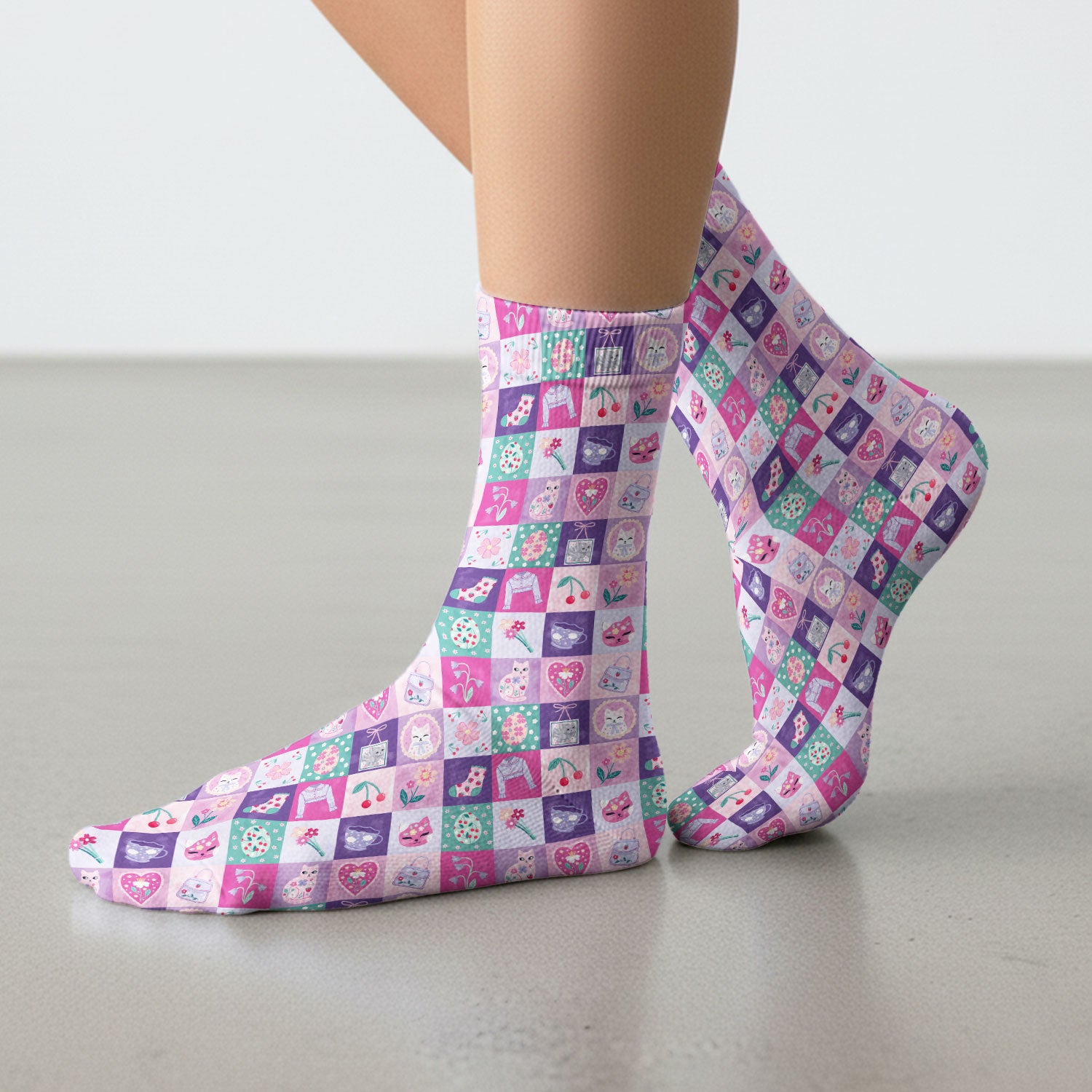 Pastel Cat Patchwork Pattern Socks, Adult Socks for Men and Women