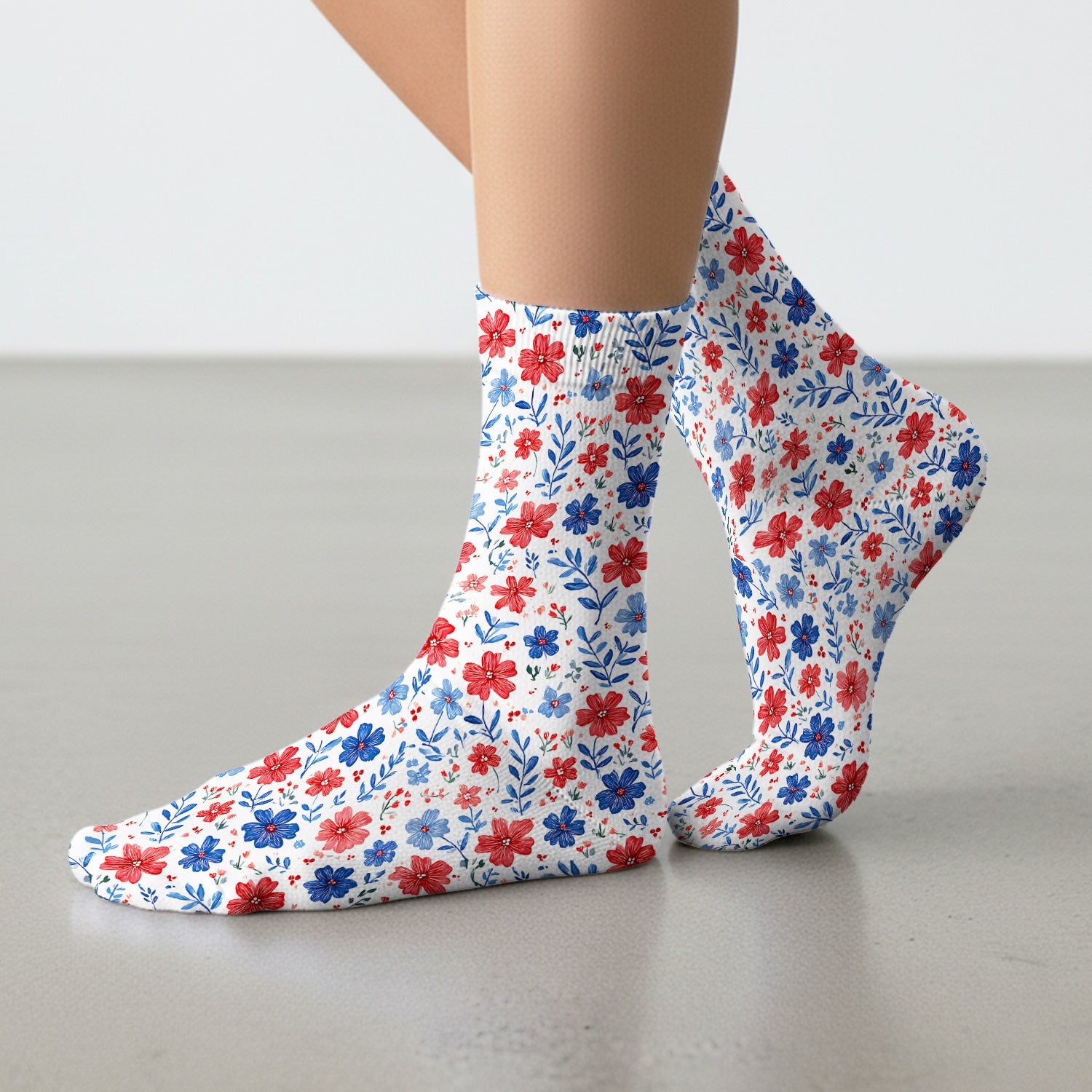 Patriotic Red White Blue Floral Print Socks, Adult Socks for Men and Women