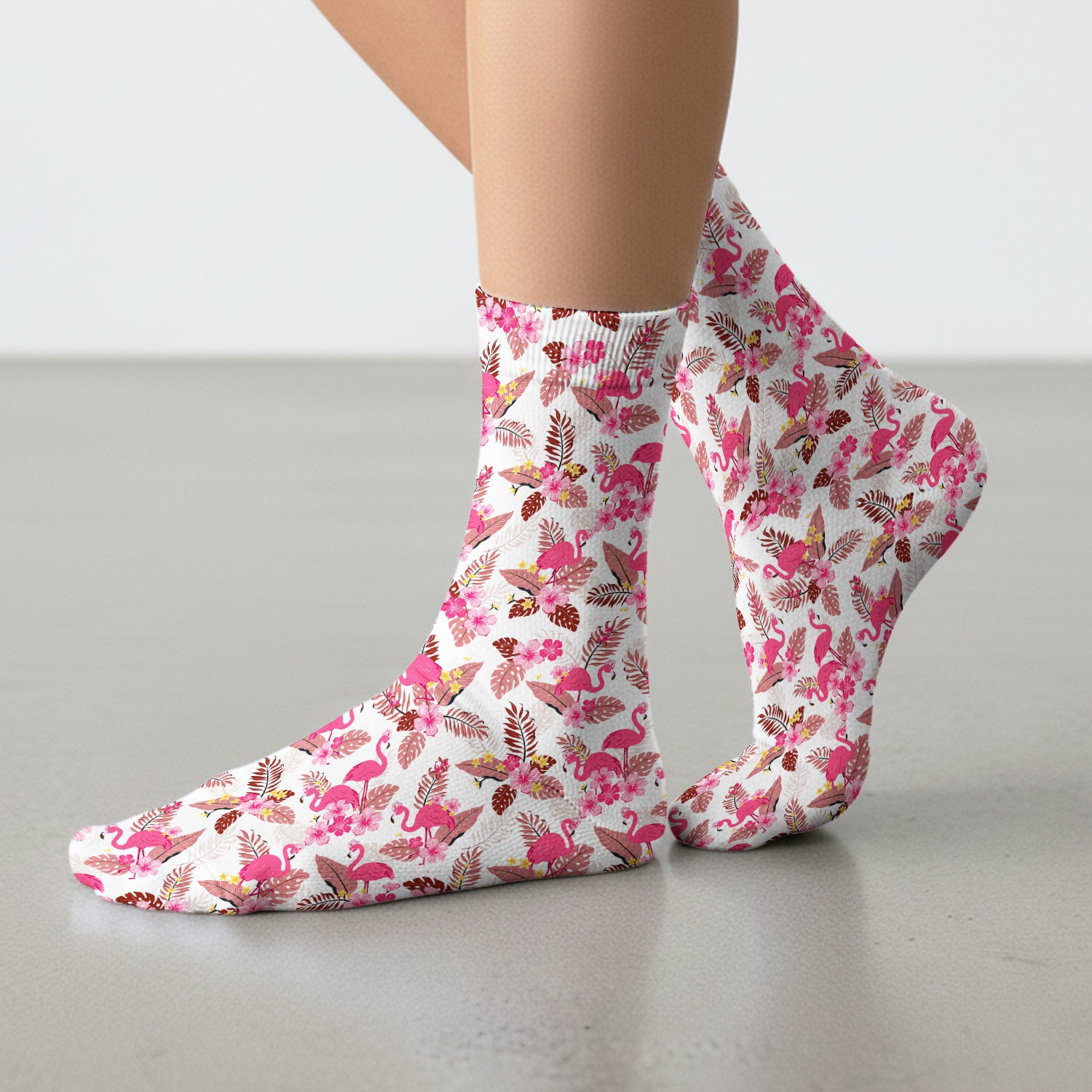 Pink Flamingo Tropical Floral Socks, Adult Socks for Men and Women
