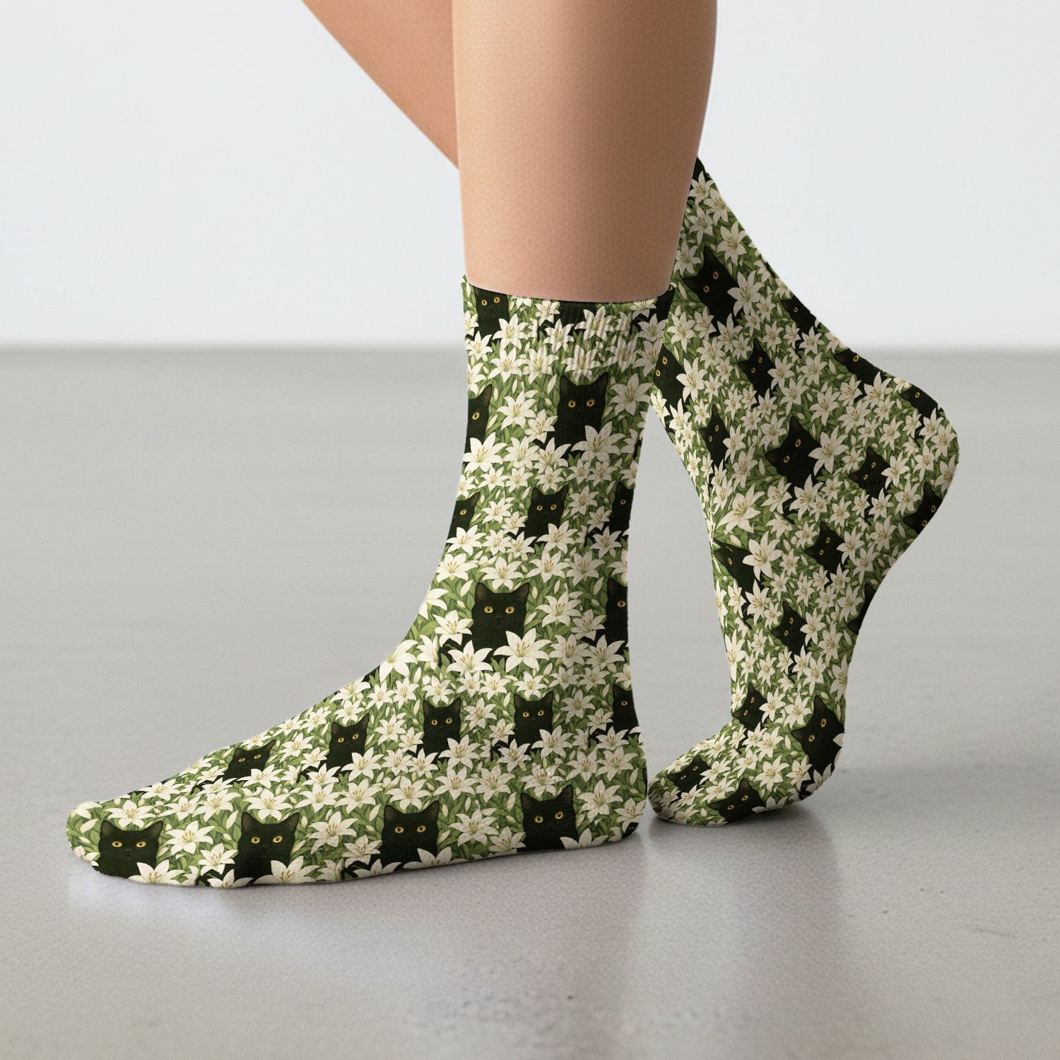 Black Cat Hidden In Lily Garden Pattern Socks, Adult Socks for Men and Women
