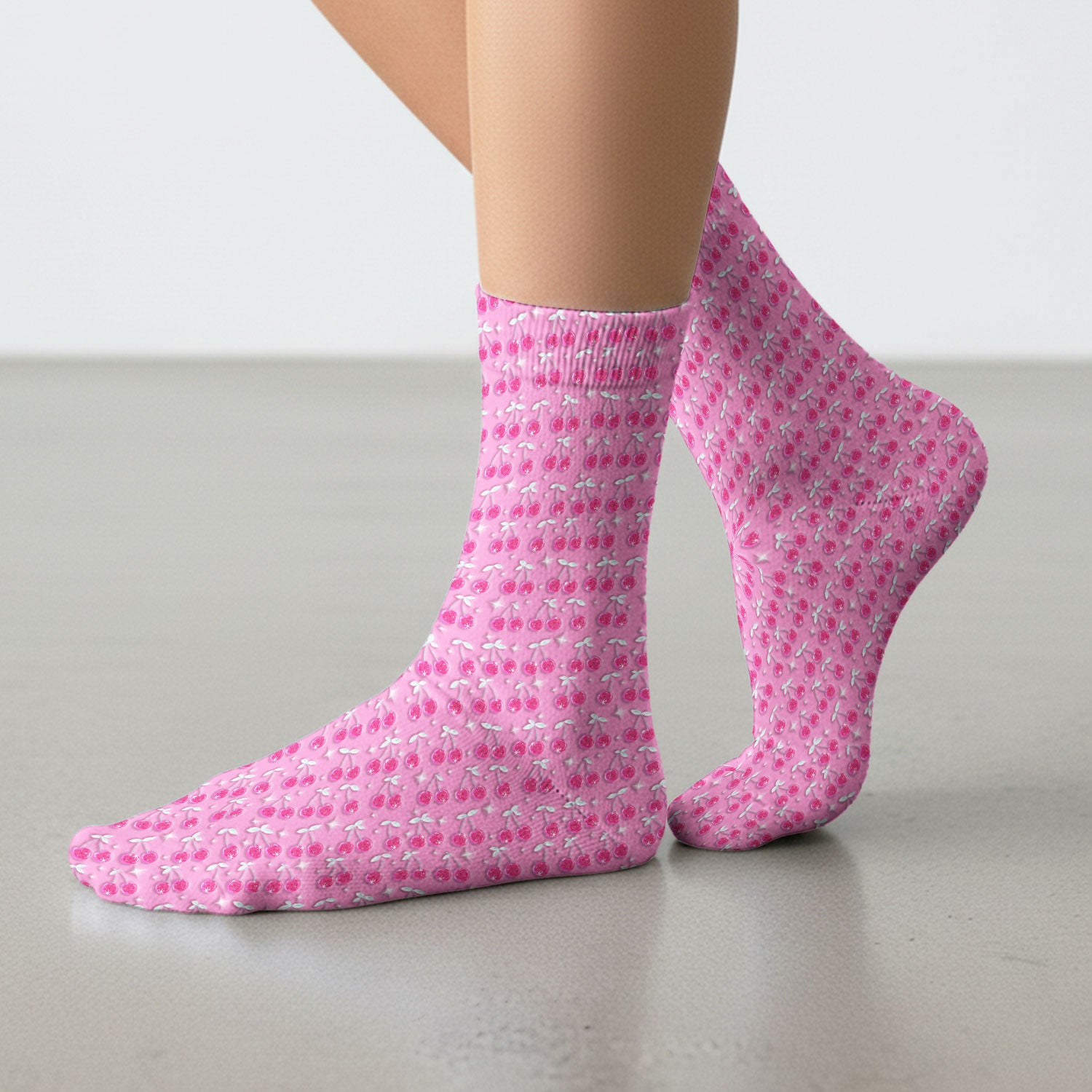 Pink Cherry Sparkle Print Socks, Adult Socks for Men and Women
