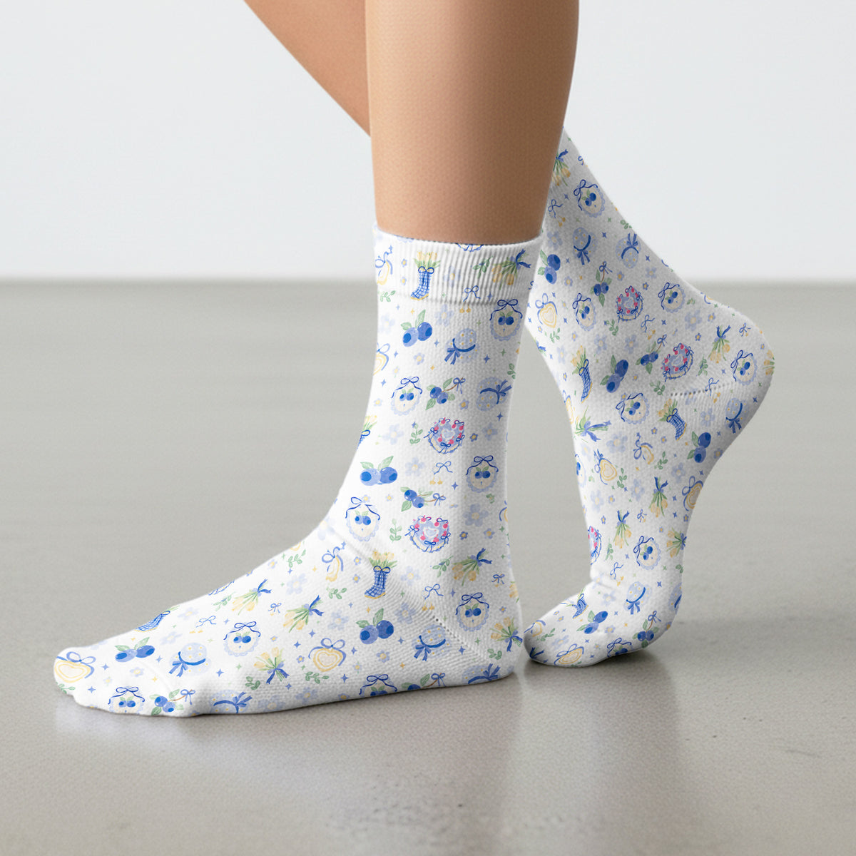 Cute Blueberry Bow Print Socks, Adult Socks for Men and Women