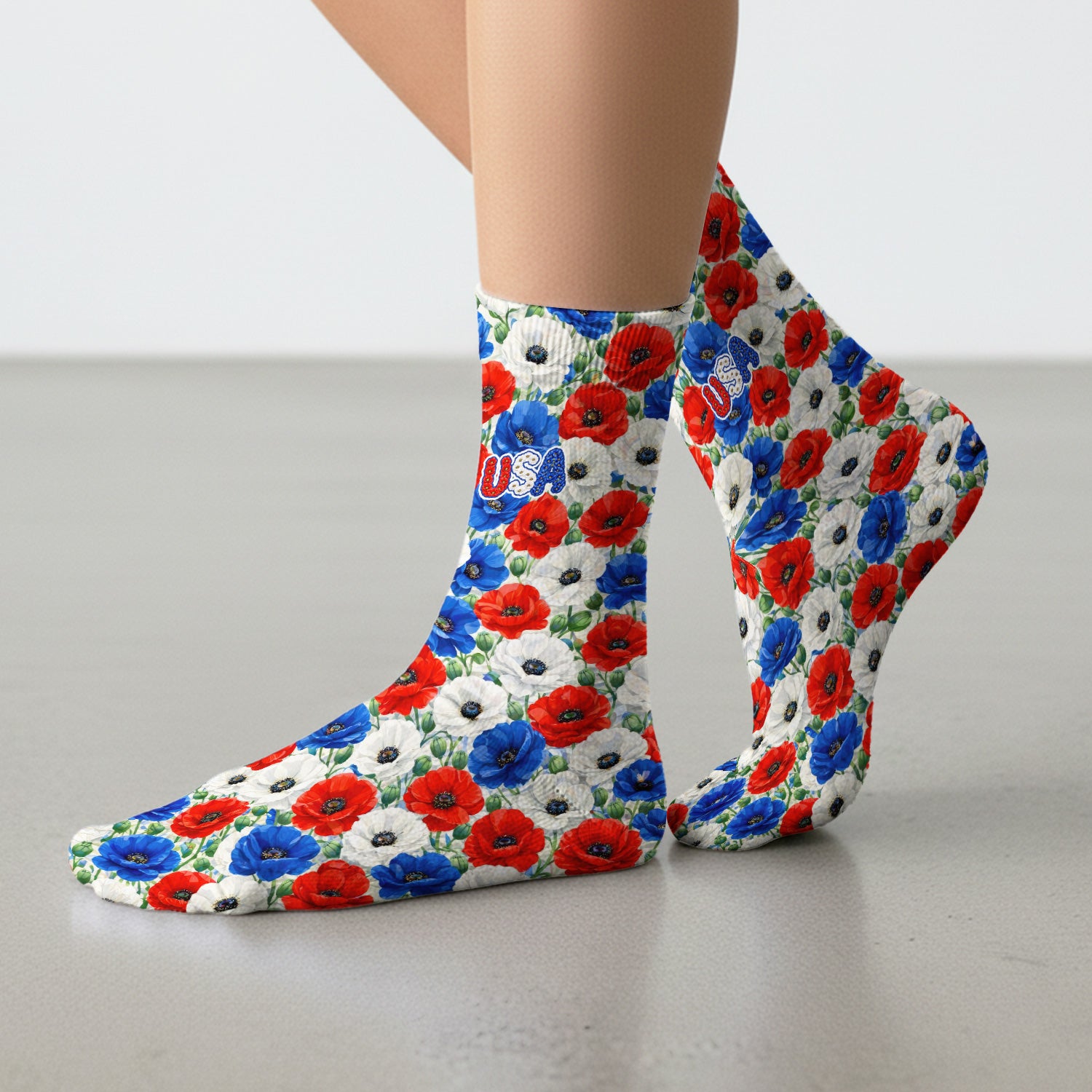 Festive Patriotic Red Blue Poppy Floral Pattern Socks, Adult Socks for Men and Women