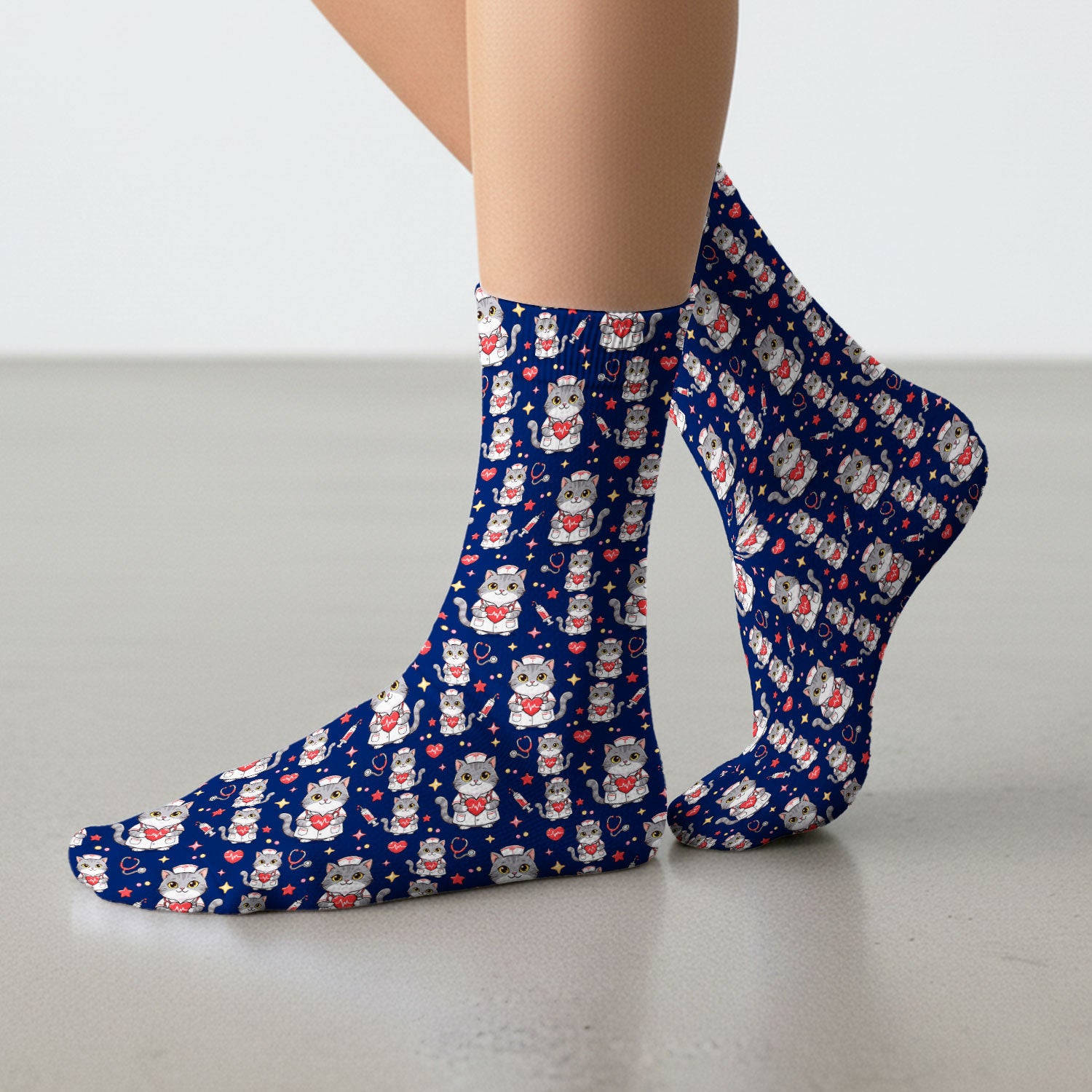 Cute Nurse Cat Heart Medical Print Socks, Adult Socks for Men and Women