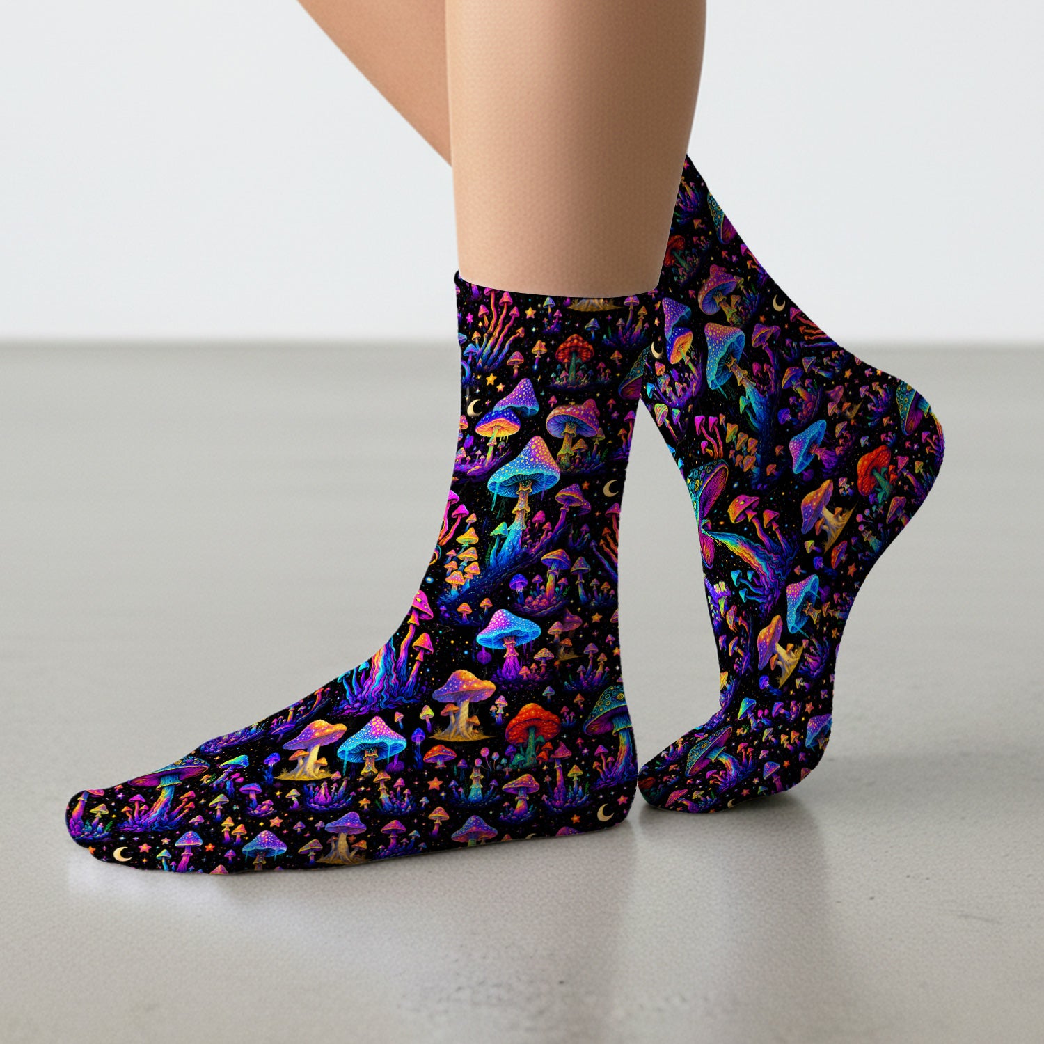 Neon Fantasy Mushroom Print Socks, Adult Socks for Men and Women